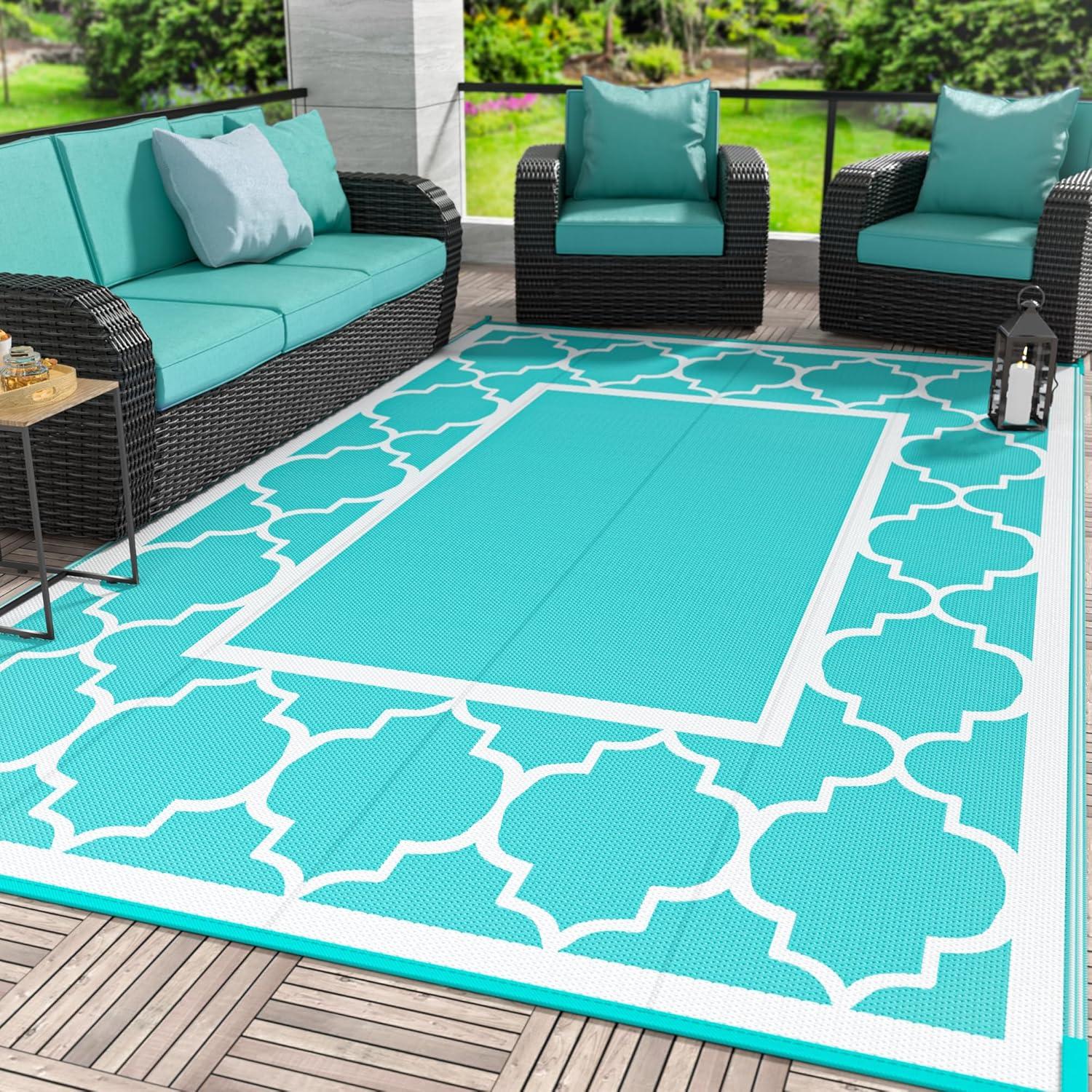 imageGENIMO 5 x 8 Outdoor Rug for Patio Waterproof Indoor Outdoor Plastic Straw Rugs Carpet Reversible Outside Area Mat for Camping Balcony Porch Deck Picnic Beach Navy Blue amp Jade GreenAqua Bluewhite