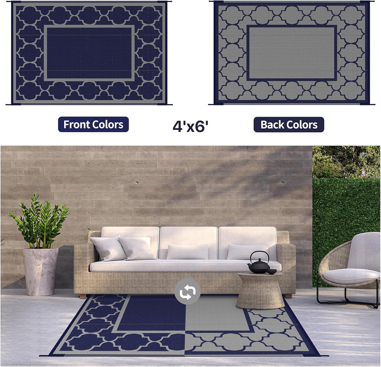 imageGENIMO 5 x 8 Outdoor Rug for Patio Waterproof Indoor Outdoor Plastic Straw Rugs Carpet Reversible Outside Area Mat for Camping Balcony Porch Deck Picnic Beach Navy Blue amp Jade GreenBlue Grey