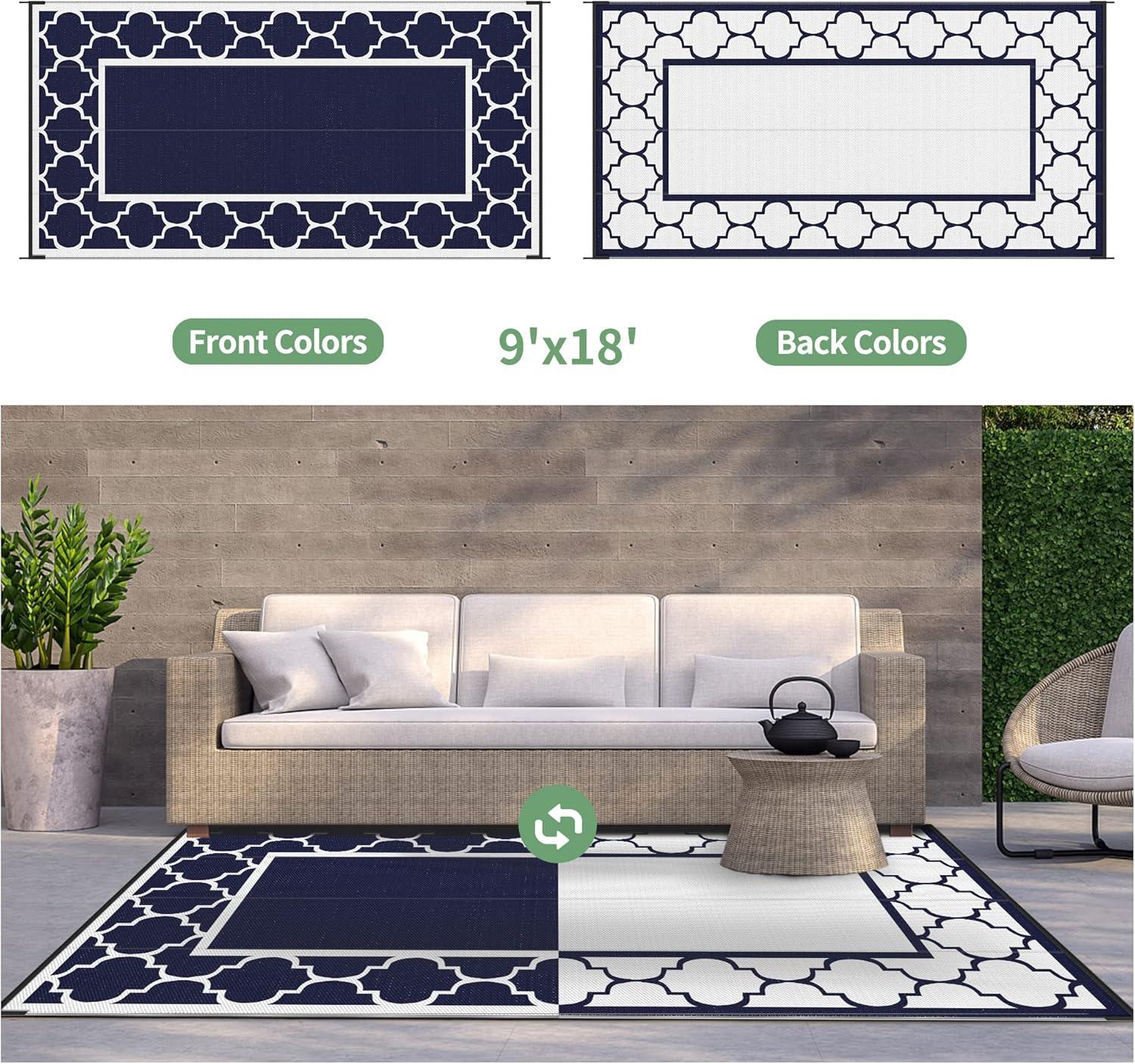 imageGENIMO 5 x 8 Outdoor Rug for Patio Waterproof Indoor Outdoor Plastic Straw Rugs Carpet Reversible Outside Area Mat for Camping Balcony Porch Deck Picnic Beach Navy Blue amp Jade GreenNavy Blue White