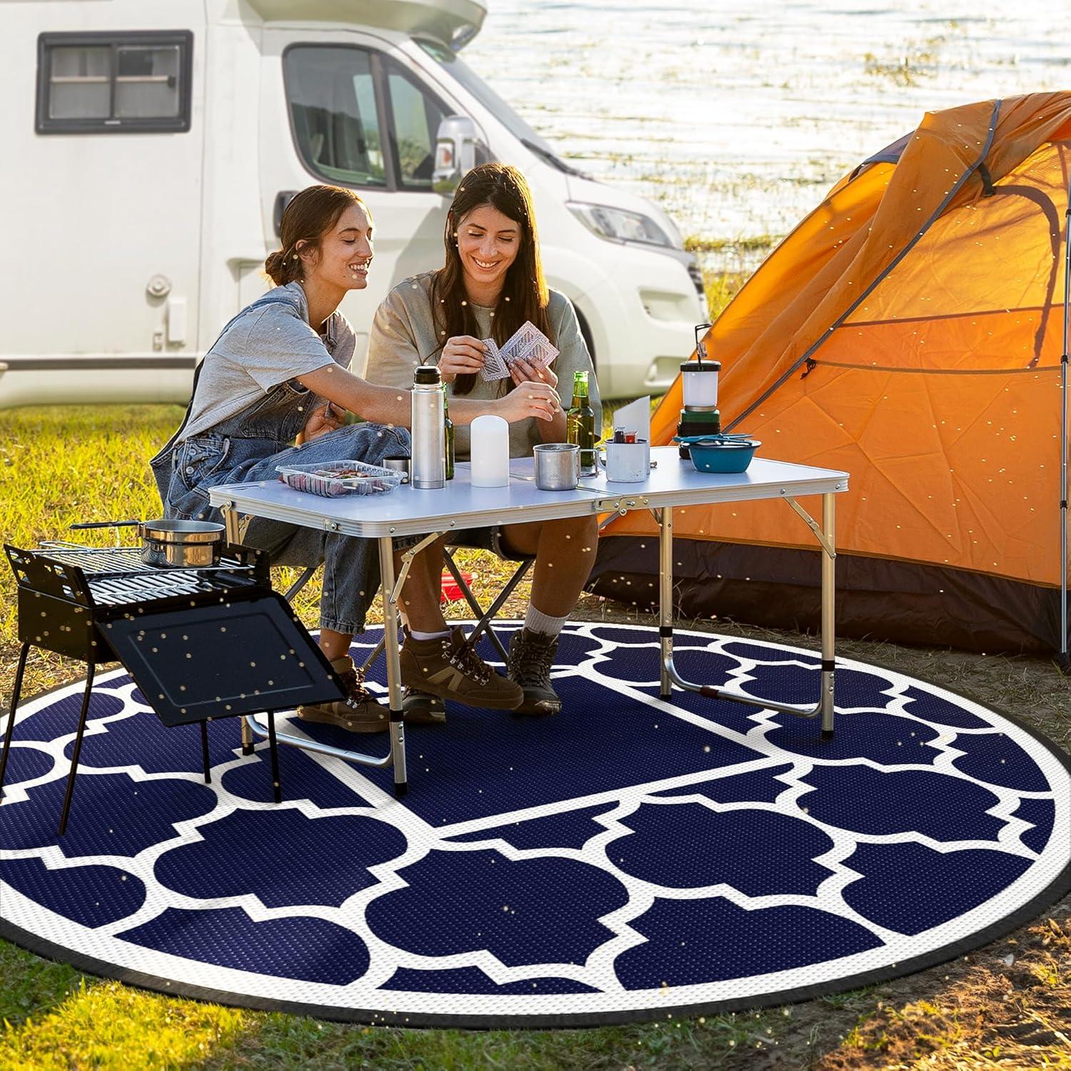 imageGENIMO 5 x 8 Outdoor Rug for Patio Waterproof Indoor Outdoor Plastic Straw Rugs Carpet Reversible Outside Area Mat for Camping Balcony Porch Deck Picnic Beach Navy Blue amp Jade GreenNavy Blue White