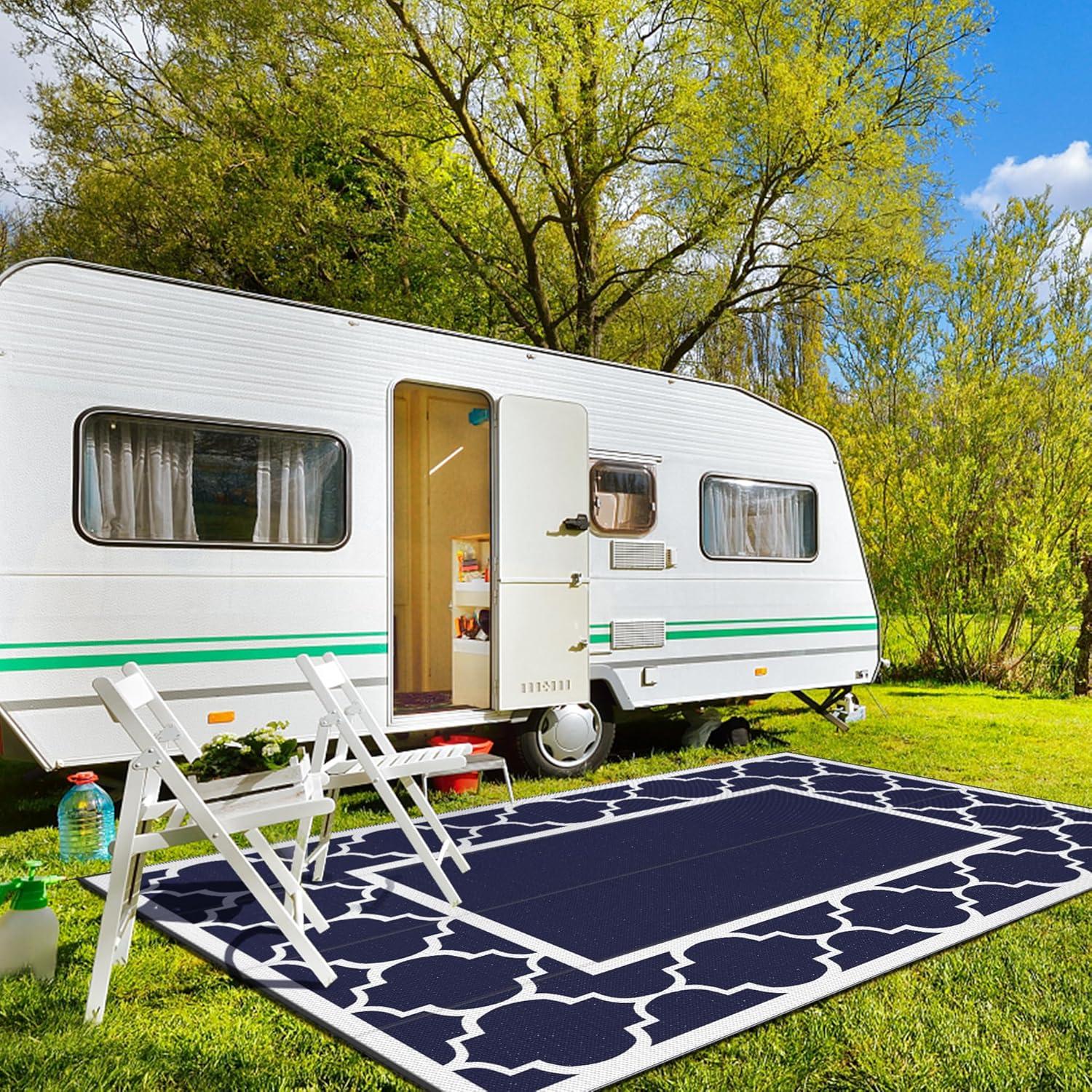 imageGENIMO 5 x 8 Outdoor Rug for Patio Waterproof Indoor Outdoor Plastic Straw Rugs Carpet Reversible Outside Area Mat for Camping Balcony Porch Deck Picnic Beach Navy Blue amp Jade GreenNavy Blue White