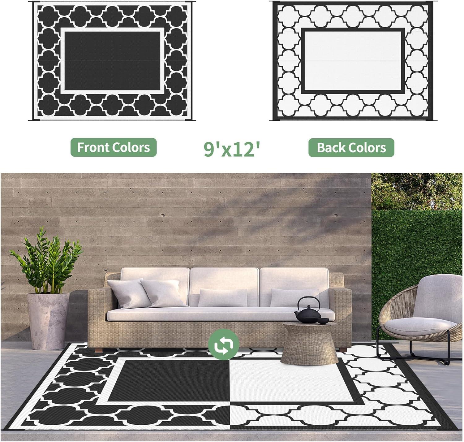 imageGENIMO 5 x 8 Outdoor Rug for Patio Waterproof Indoor Outdoor Plastic Straw Rugs Carpet Reversible Outside Area Mat for Camping Balcony Porch Deck Picnic Beach Navy Blue amp Jade GreenBlackwhite