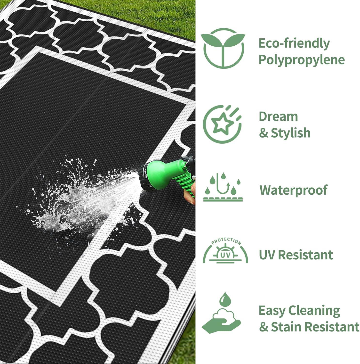 imageGENIMO 5 x 8 Outdoor Rug for Patio Waterproof Indoor Outdoor Plastic Straw Rugs Carpet Reversible Outside Area Mat for Camping Balcony Porch Deck Picnic Beach Navy Blue amp Jade GreenBlackwhite