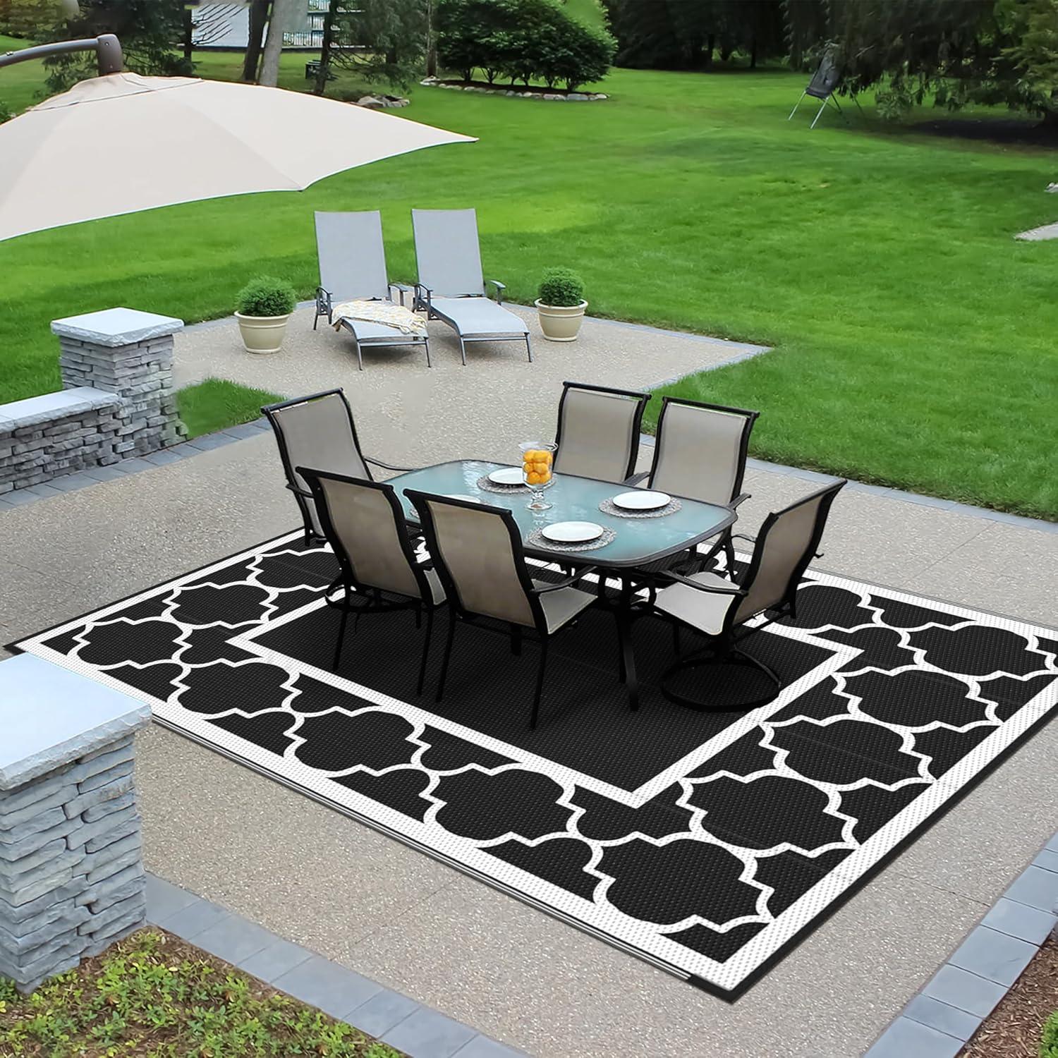 imageGENIMO 5 x 8 Outdoor Rug for Patio Waterproof Indoor Outdoor Plastic Straw Rugs Carpet Reversible Outside Area Mat for Camping Balcony Porch Deck Picnic Beach Navy Blue amp Jade GreenBlackwhite