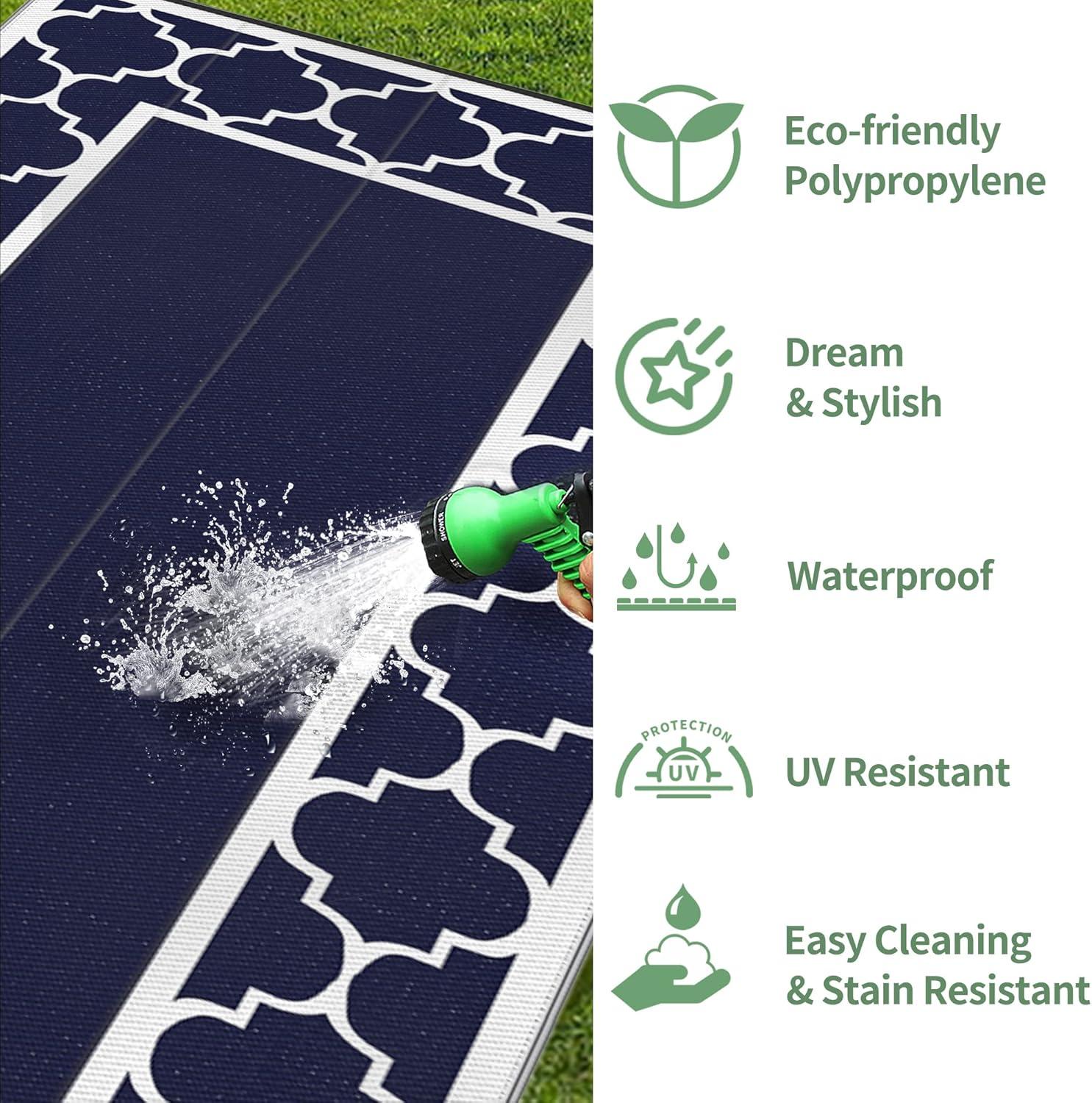imageGENIMO 5 x 8 Outdoor Rug for Patio Waterproof Indoor Outdoor Plastic Straw Rugs Carpet Reversible Outside Area Mat for Camping Balcony Porch Deck Picnic Beach Navy Blue amp Jade GreenNavy Blue White