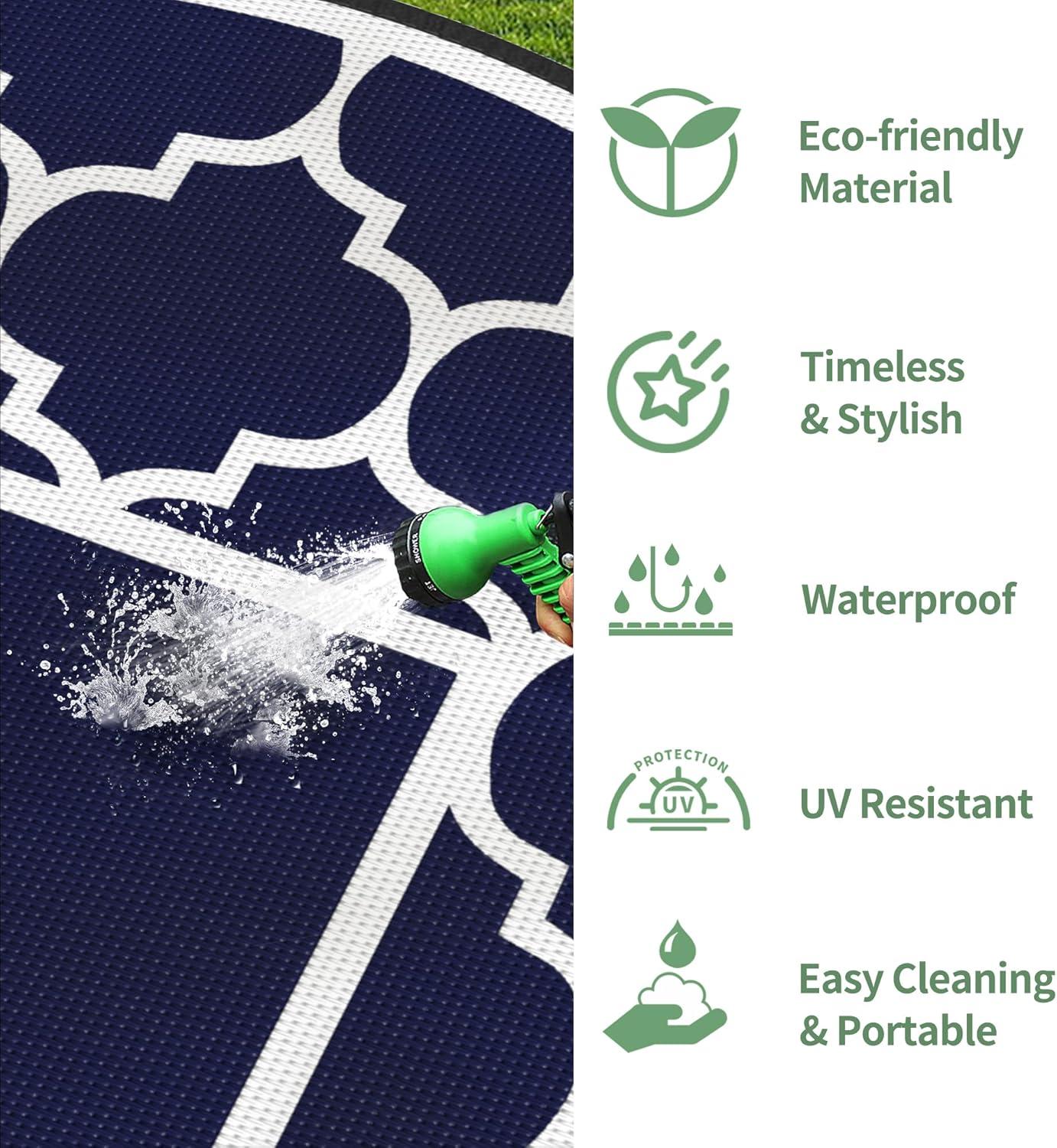 imageGENIMO 5 x 8 Outdoor Rug for Patio Waterproof Indoor Outdoor Plastic Straw Rugs Carpet Reversible Outside Area Mat for Camping Balcony Porch Deck Picnic Beach Navy Blue amp Jade GreenNavy Blue White