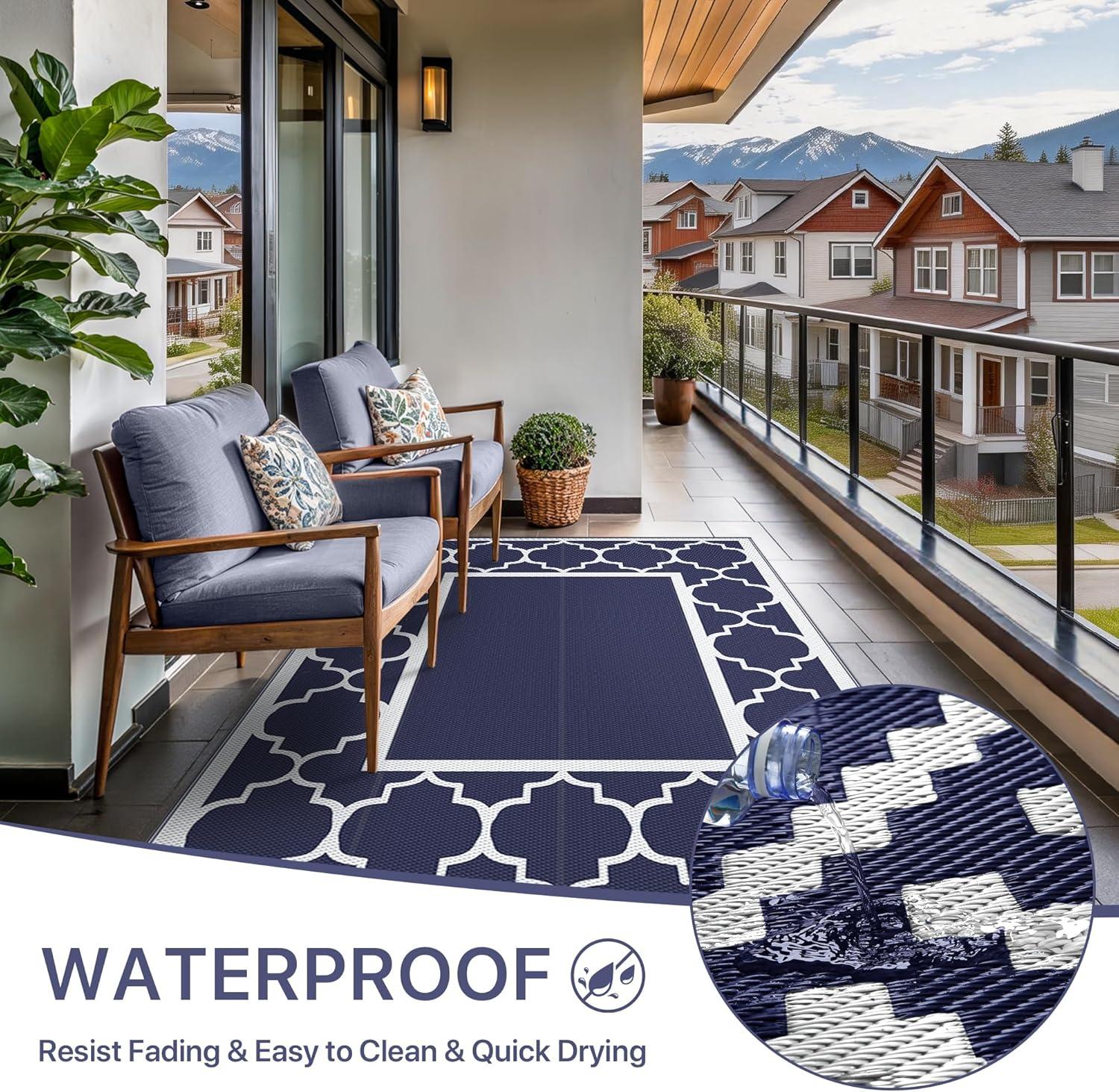 imageGENIMO 5 x 8 Outdoor Rug for Patio Waterproof Indoor Outdoor Plastic Straw Rugs Carpet Reversible Outside Area Mat for Camping Balcony Porch Deck Picnic Beach Navy Blue amp Jade GreenNavy Blue White