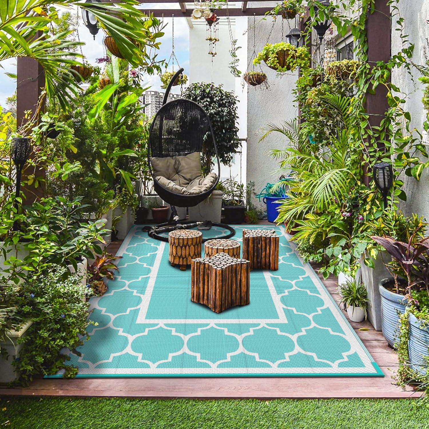 imageGENIMO 5 x 8 Outdoor Rug for Patio Waterproof Indoor Outdoor Plastic Straw Rugs Carpet Reversible Outside Area Mat for Camping Balcony Porch Deck Picnic Beach Navy Blue amp Jade GreenAqua Bluewhite