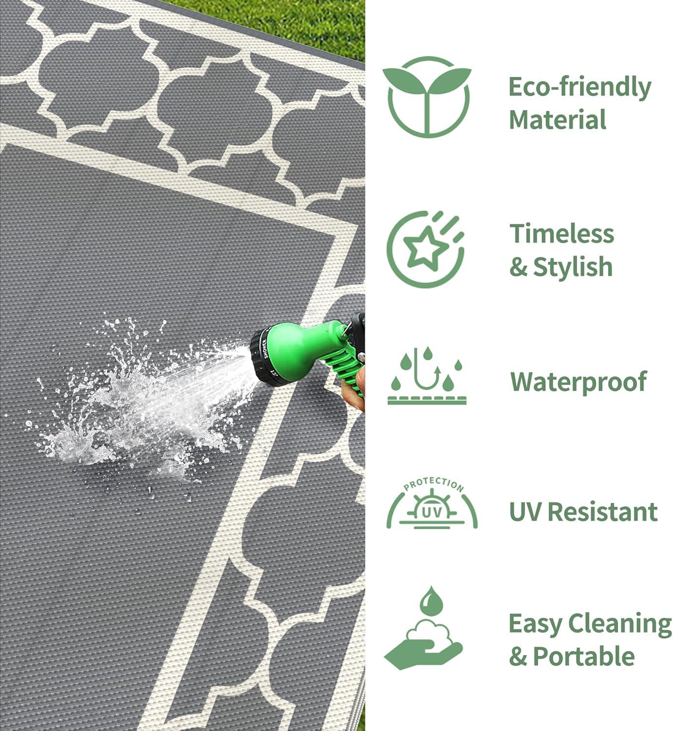 imageGENIMO 5 x 8 Outdoor Rug for Patio Waterproof Indoor Outdoor Plastic Straw Rugs Carpet Reversible Outside Area Mat for Camping Balcony Porch Deck Picnic Beach Navy Blue amp Jade GreenGreybeige White