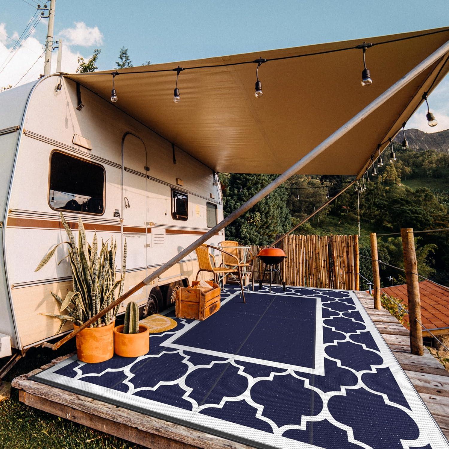 imageGENIMO 5 x 8 Outdoor Rug for Patio Waterproof Indoor Outdoor Plastic Straw Rugs Carpet Reversible Outside Area Mat for Camping Balcony Porch Deck Picnic Beach Navy Blue amp Jade GreenNavy Blue White