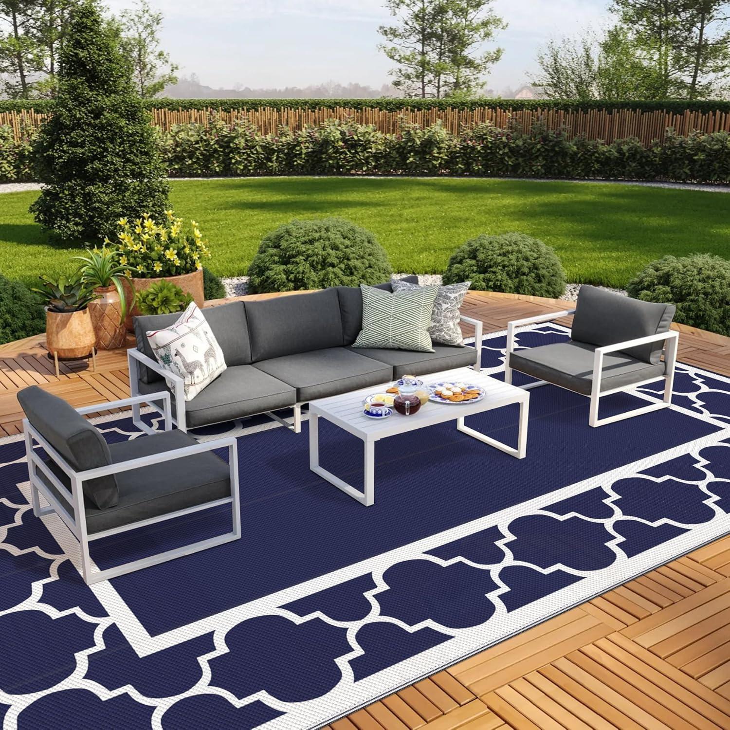 imageGENIMO 5 x 8 Outdoor Rug for Patio Waterproof Indoor Outdoor Plastic Straw Rugs Carpet Reversible Outside Area Mat for Camping Balcony Porch Deck Picnic Beach Navy Blue amp Jade GreenNavy Blue White