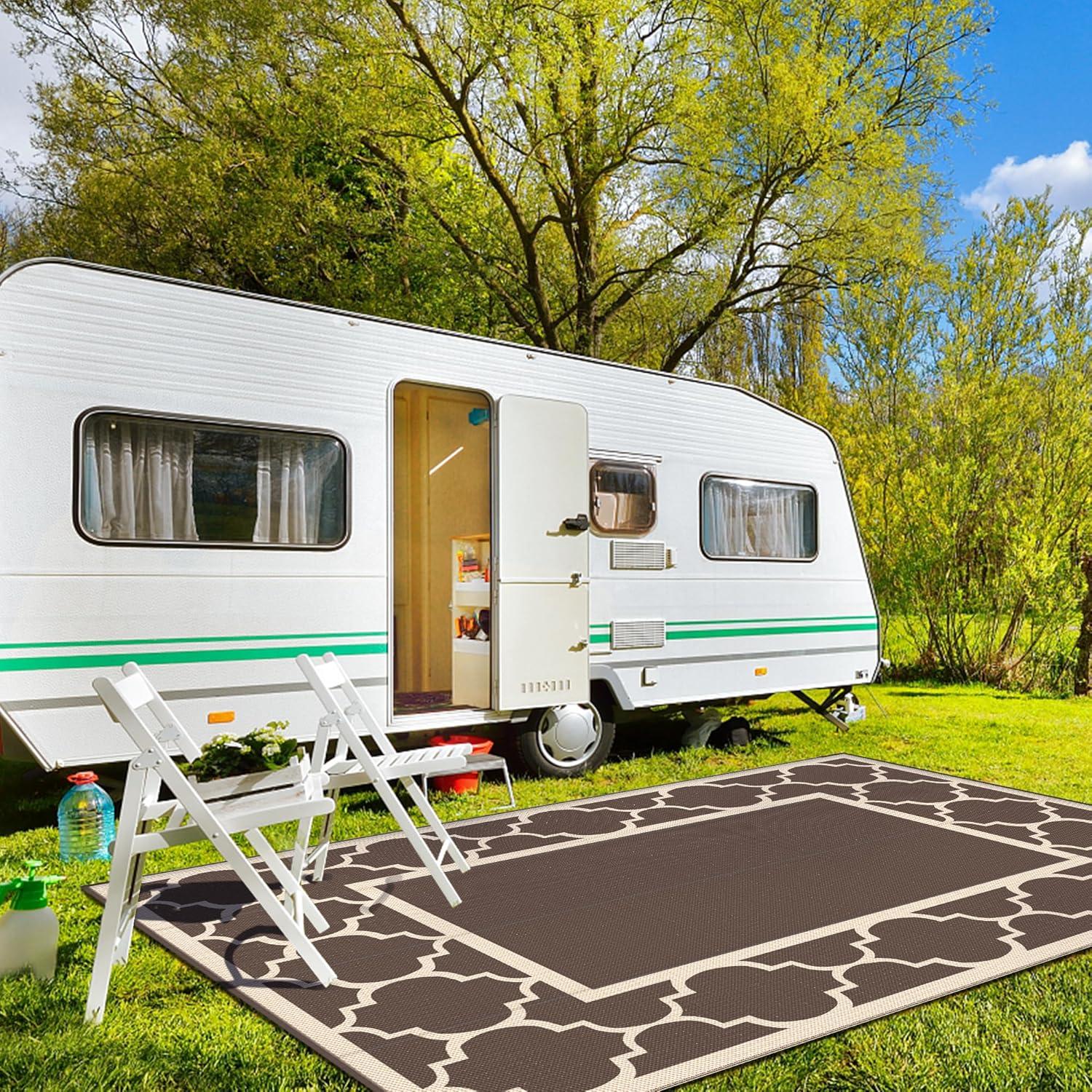 imageGENIMO 5 x 8 Outdoor Rug for Patio Waterproof Indoor Outdoor Plastic Straw Rugs Carpet Reversible Outside Area Mat for Camping Balcony Porch Deck Picnic Beach Navy Blue amp Jade GreenCoffeebeige