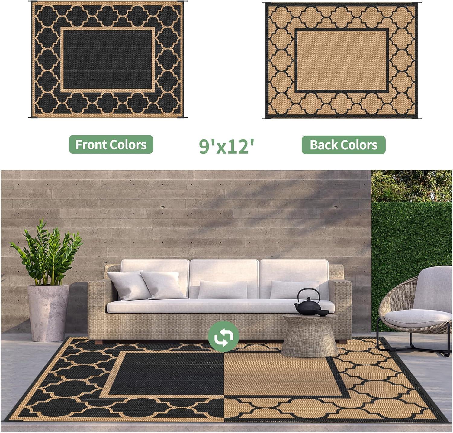 imageGENIMO 5 x 8 Outdoor Rug for Patio Waterproof Indoor Outdoor Plastic Straw Rugs Carpet Reversible Outside Area Mat for Camping Balcony Porch Deck Picnic Beach Navy Blue amp Jade GreenBlackbrown