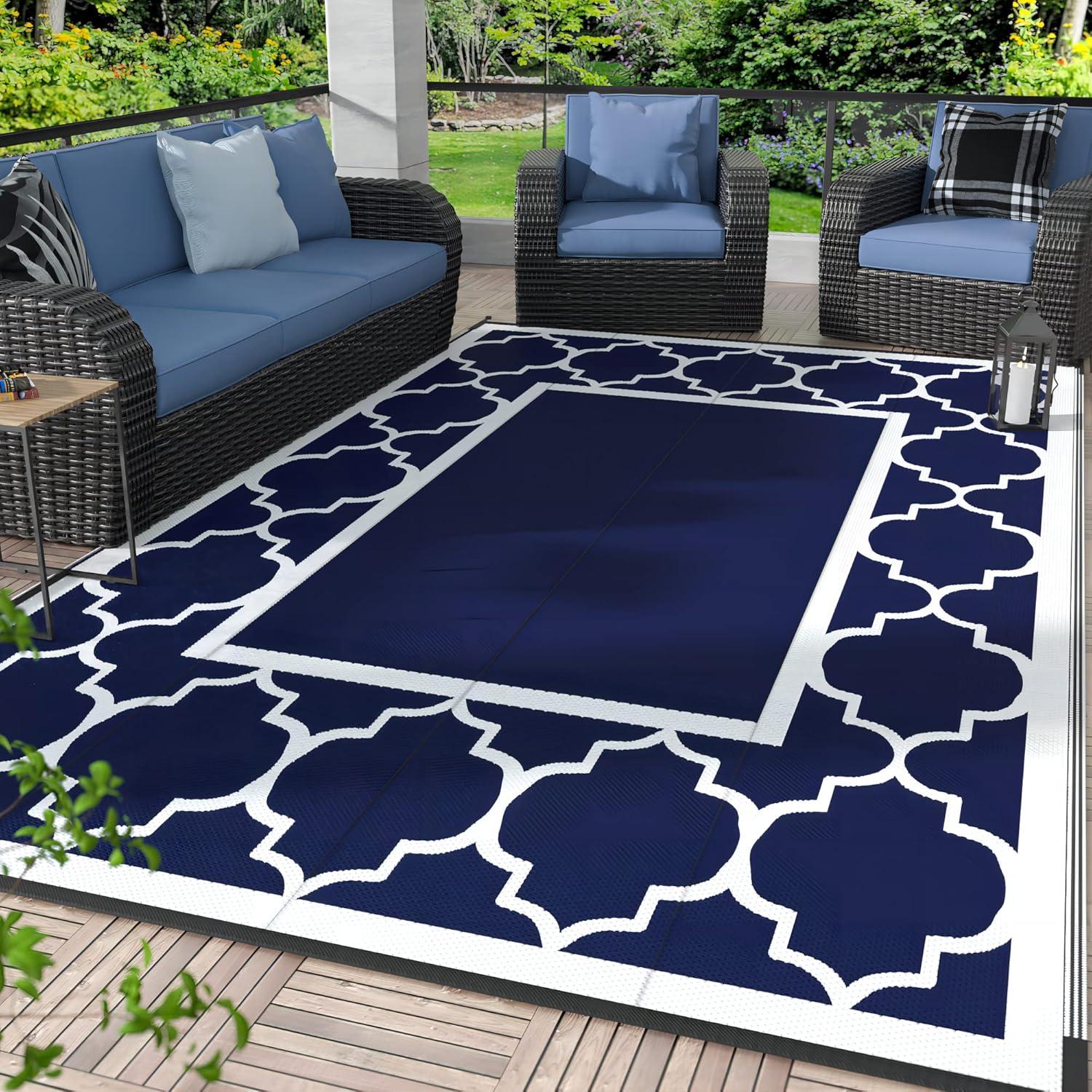 imageGENIMO 5 x 8 Outdoor Rug for Patio Waterproof Indoor Outdoor Plastic Straw Rugs Carpet Reversible Outside Area Mat for Camping Balcony Porch Deck Picnic Beach Navy Blue amp Jade GreenNavy Blue White