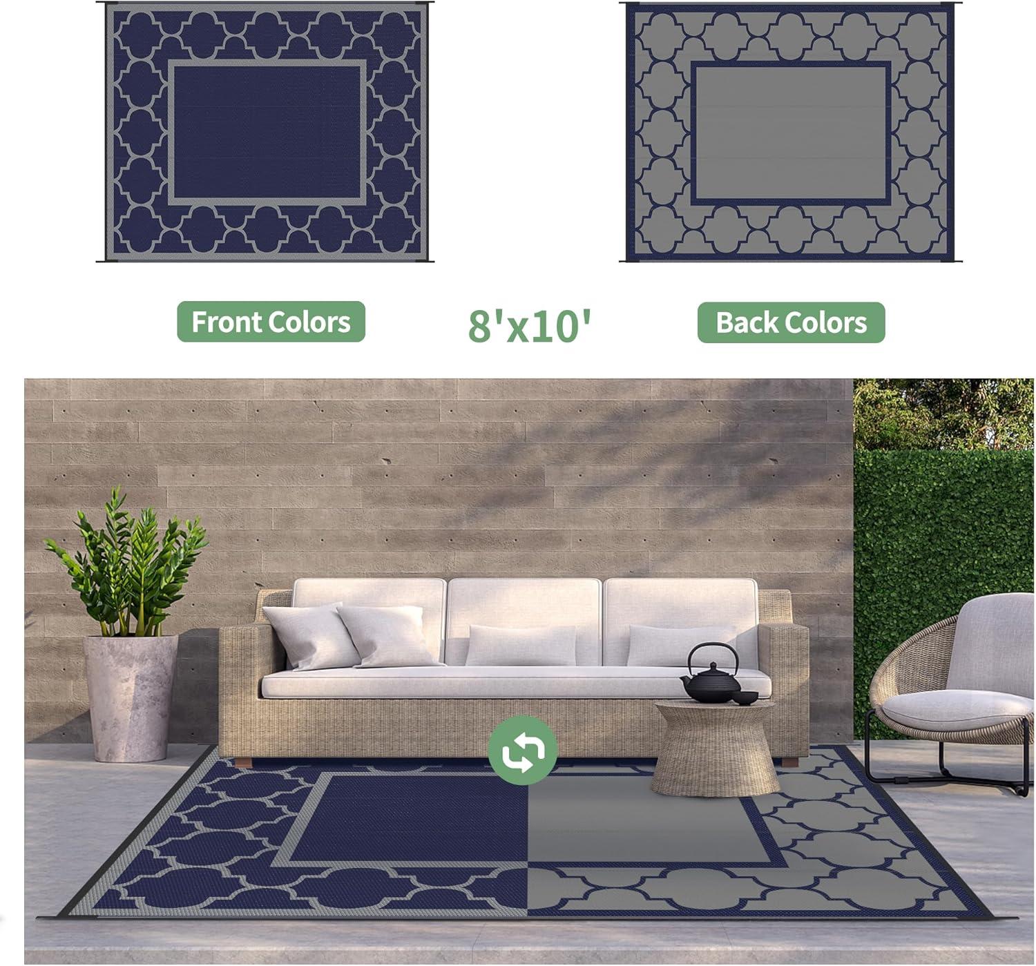 imageGENIMO 5 x 8 Outdoor Rug for Patio Waterproof Indoor Outdoor Plastic Straw Rugs Carpet Reversible Outside Area Mat for Camping Balcony Porch Deck Picnic Beach Navy Blue amp Jade GreenBlue Grey