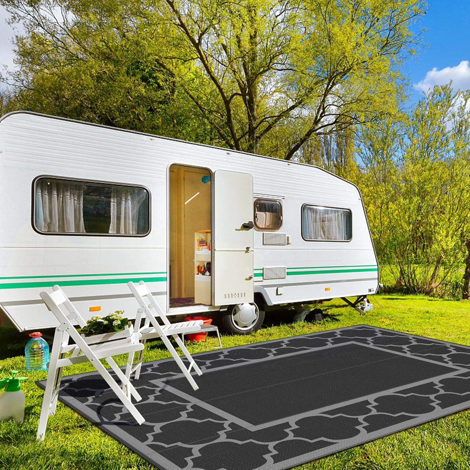 imageGENIMO 5 x 8 Outdoor Rug for Patio Waterproof Indoor Outdoor Plastic Straw Rugs Carpet Reversible Outside Area Mat for Camping Balcony Porch Deck Picnic Beach Navy Blue amp Jade GreenLanternBlackgray