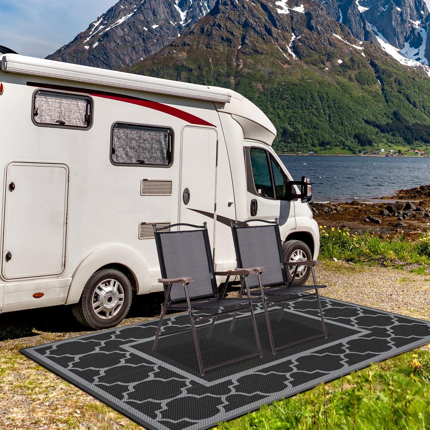 imageGENIMO 5 x 8 Outdoor Rug for Patio Waterproof Indoor Outdoor Plastic Straw Rugs Carpet Reversible Outside Area Mat for Camping Balcony Porch Deck Picnic Beach Navy Blue amp Jade GreenLanternBlackgray