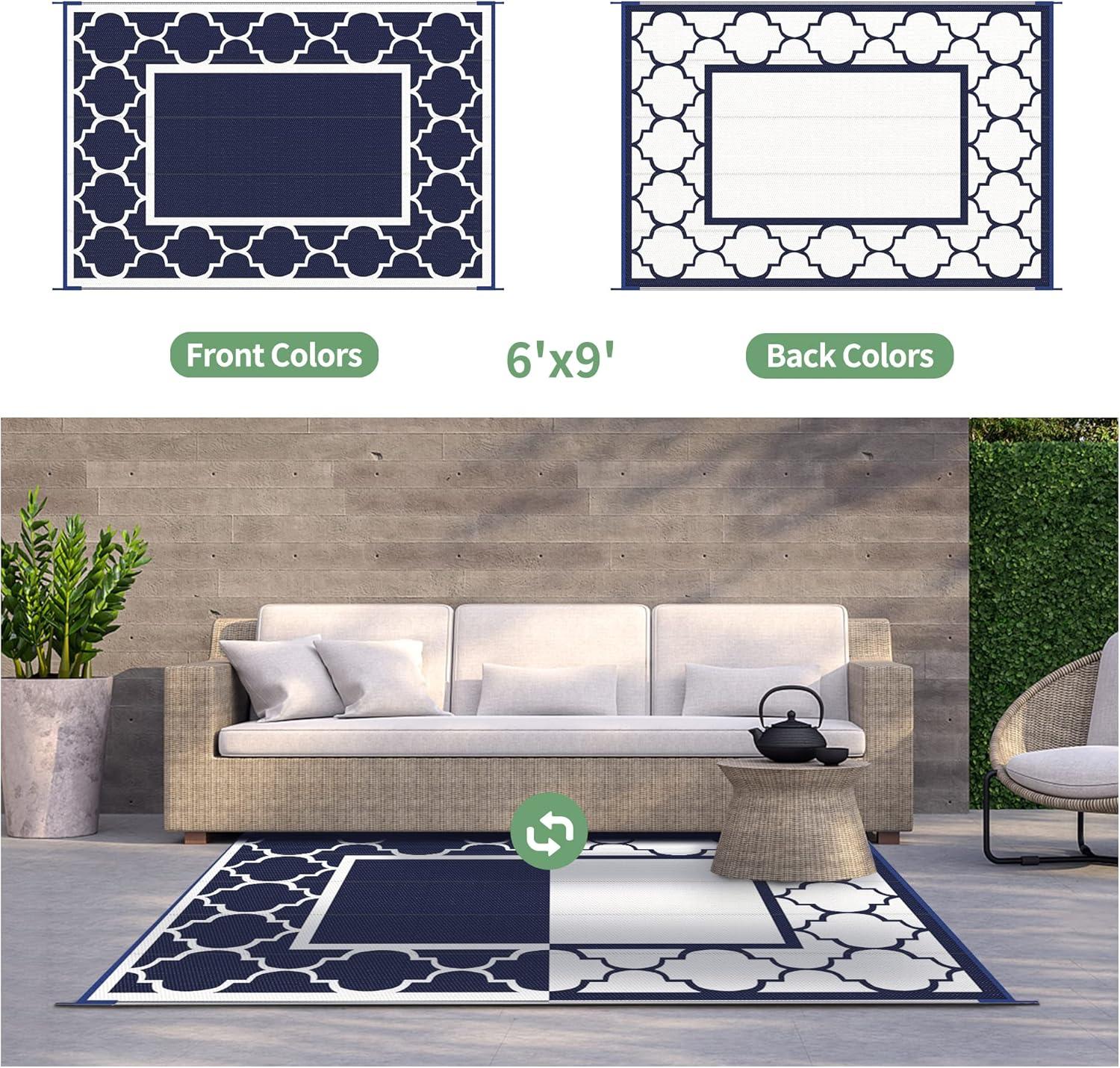 imageGENIMO 5 x 8 Outdoor Rug for Patio Waterproof Indoor Outdoor Plastic Straw Rugs Carpet Reversible Outside Area Mat for Camping Balcony Porch Deck Picnic Beach Navy Blue amp Jade GreenNavy Blue White