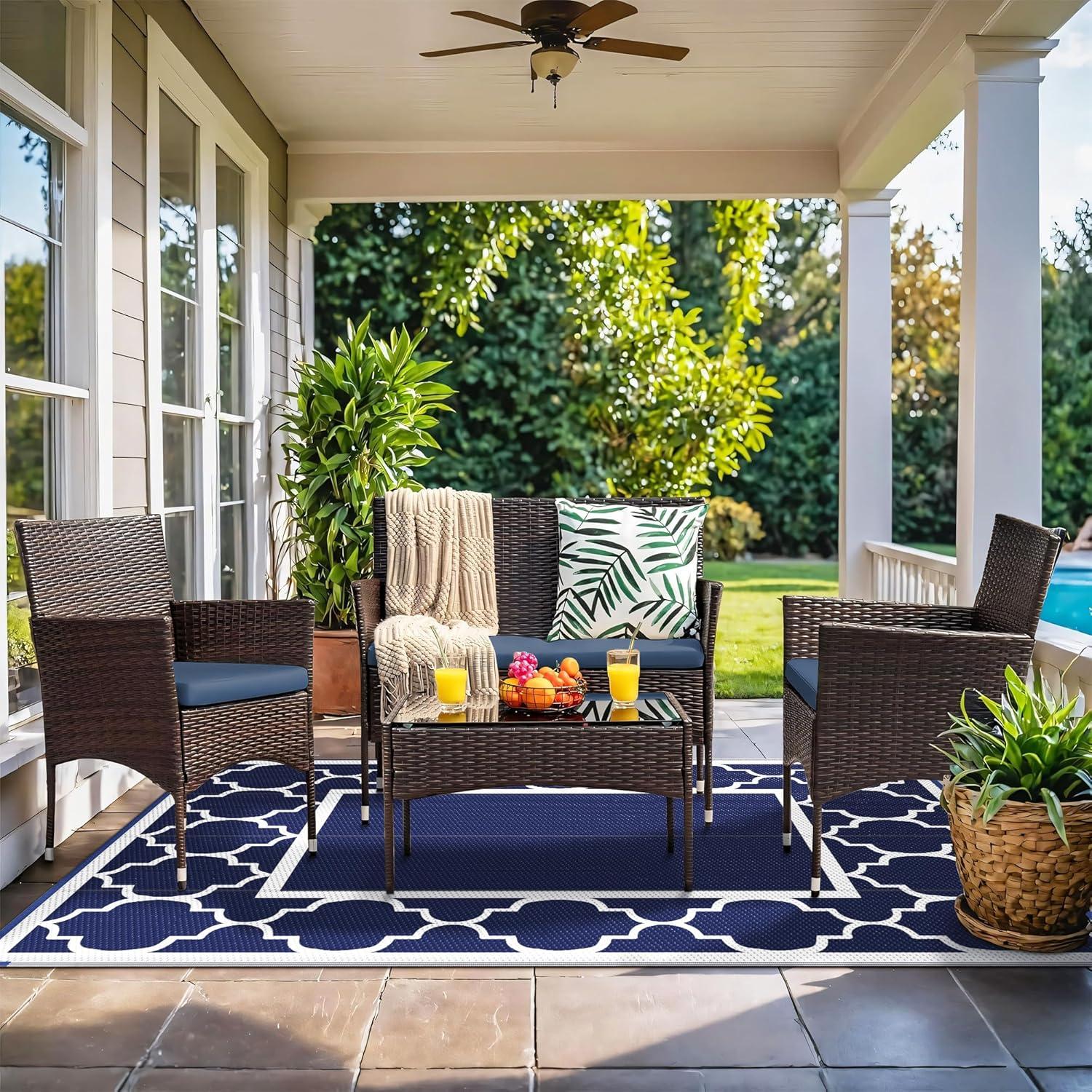 imageGENIMO 5 x 8 Outdoor Rug for Patio Waterproof Indoor Outdoor Plastic Straw Rugs Carpet Reversible Outside Area Mat for Camping Balcony Porch Deck Picnic Beach Navy Blue amp Jade GreenNavy Blue White