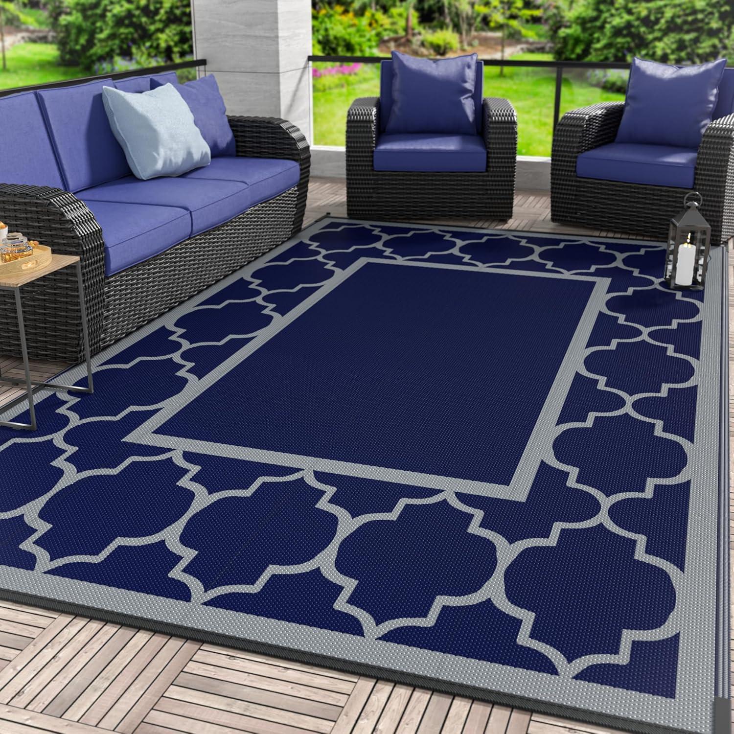 imageGENIMO 5 x 8 Outdoor Rug for Patio Waterproof Indoor Outdoor Plastic Straw Rugs Carpet Reversible Outside Area Mat for Camping Balcony Porch Deck Picnic Beach Navy Blue amp Jade GreenBlue Grey