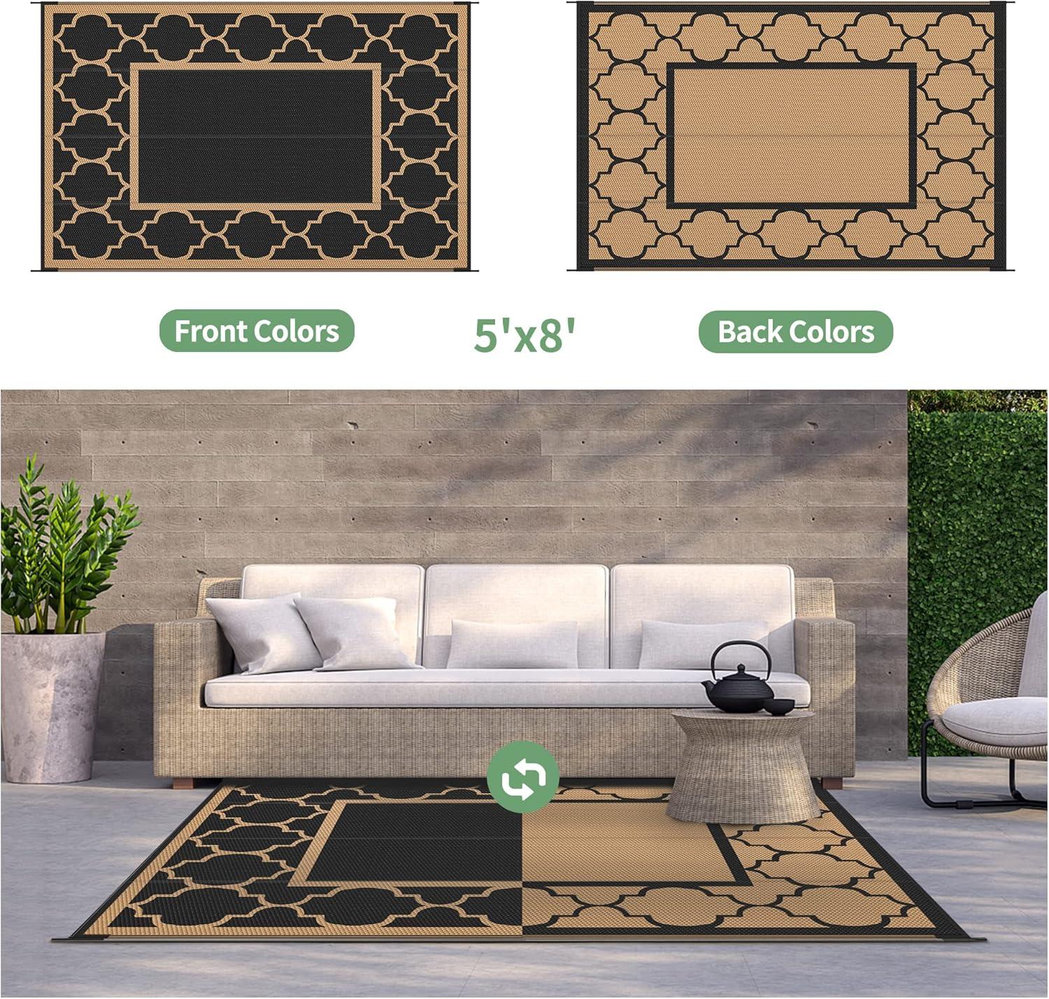 imageGENIMO 5 x 8 Outdoor Rug for Patio Waterproof Indoor Outdoor Plastic Straw Rugs Carpet Reversible Outside Area Mat for Camping Balcony Porch Deck Picnic Beach Navy Blue amp Jade GreenBlackbrown