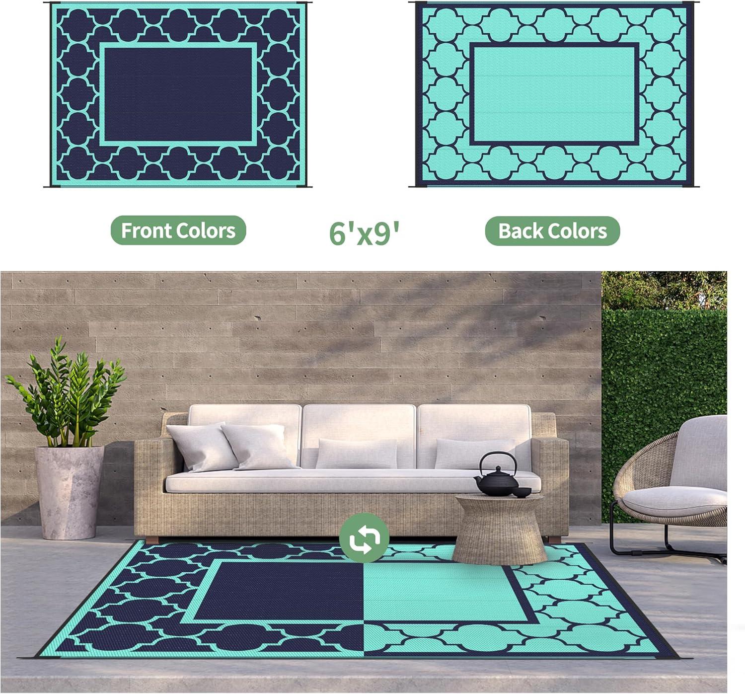 imageGENIMO 5 x 8 Outdoor Rug for Patio Waterproof Indoor Outdoor Plastic Straw Rugs Carpet Reversible Outside Area Mat for Camping Balcony Porch Deck Picnic Beach Navy Blue amp Jade GreenNavy Bluejade Green