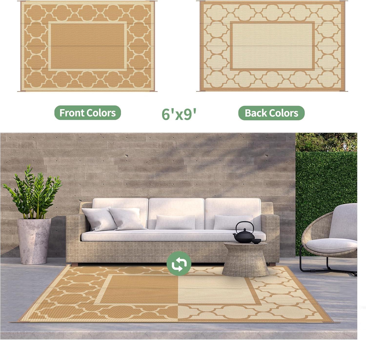 imageGENIMO 5 x 8 Outdoor Rug for Patio Waterproof Indoor Outdoor Plastic Straw Rugs Carpet Reversible Outside Area Mat for Camping Balcony Porch Deck Picnic Beach Navy Blue amp Jade GreenBrownbeige