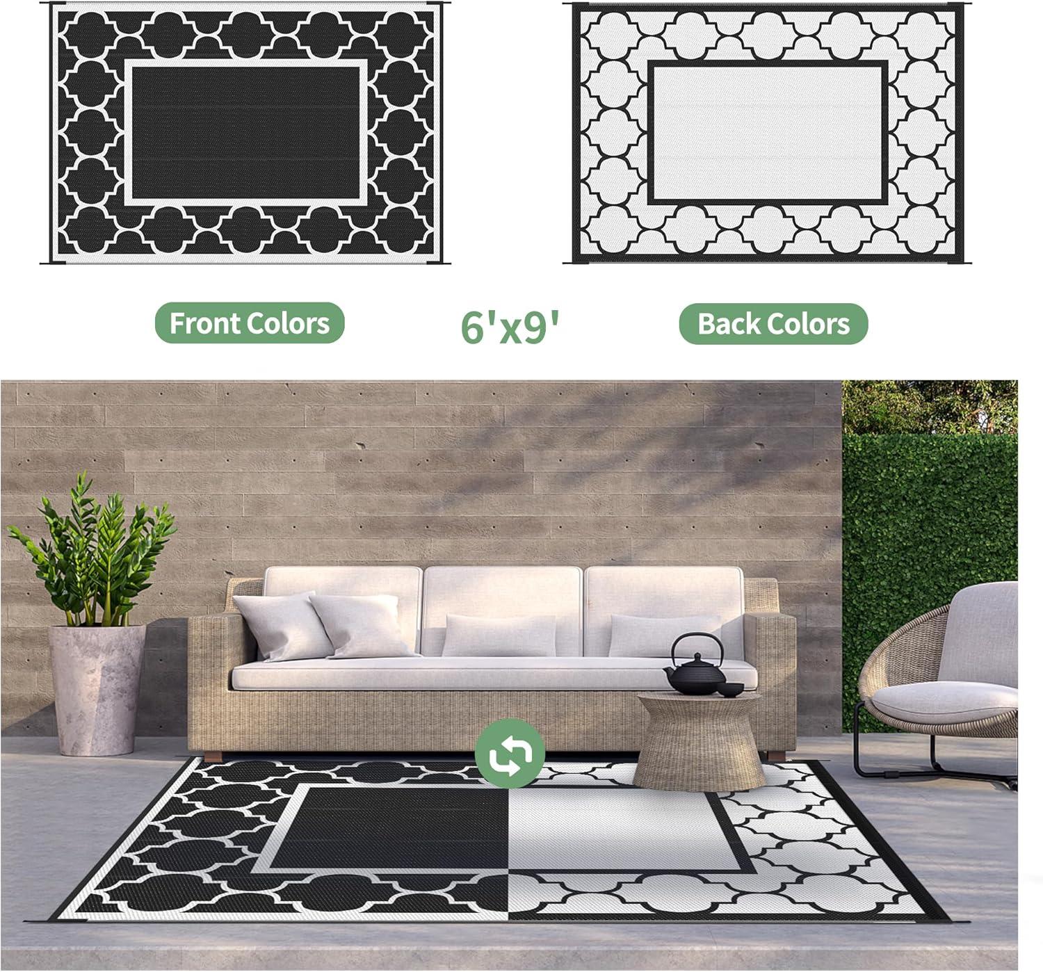 imageGENIMO 5 x 8 Outdoor Rug for Patio Waterproof Indoor Outdoor Plastic Straw Rugs Carpet Reversible Outside Area Mat for Camping Balcony Porch Deck Picnic Beach Navy Blue amp Jade GreenBlackwhite