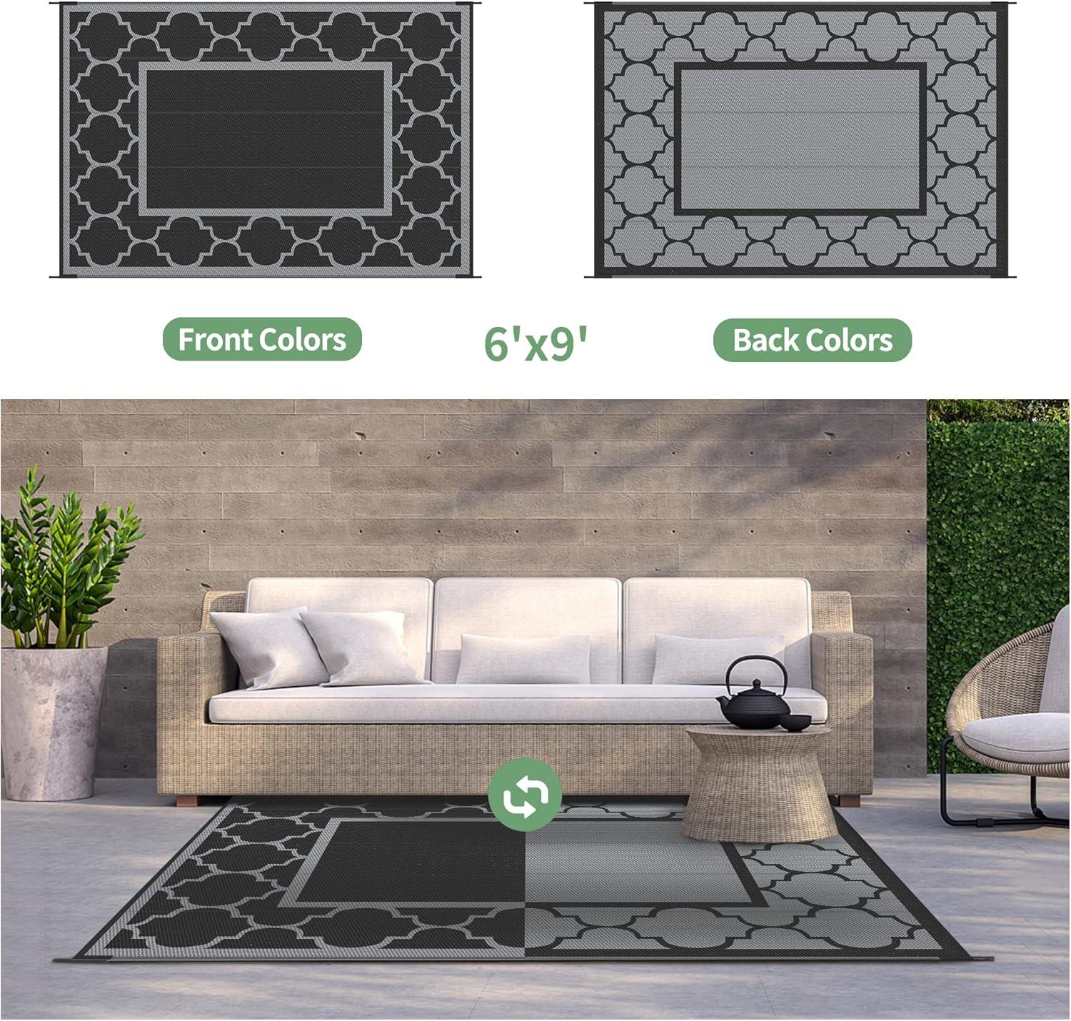 imageGENIMO 5 x 8 Outdoor Rug for Patio Waterproof Indoor Outdoor Plastic Straw Rugs Carpet Reversible Outside Area Mat for Camping Balcony Porch Deck Picnic Beach Navy Blue amp Jade GreenLanternBlackgray