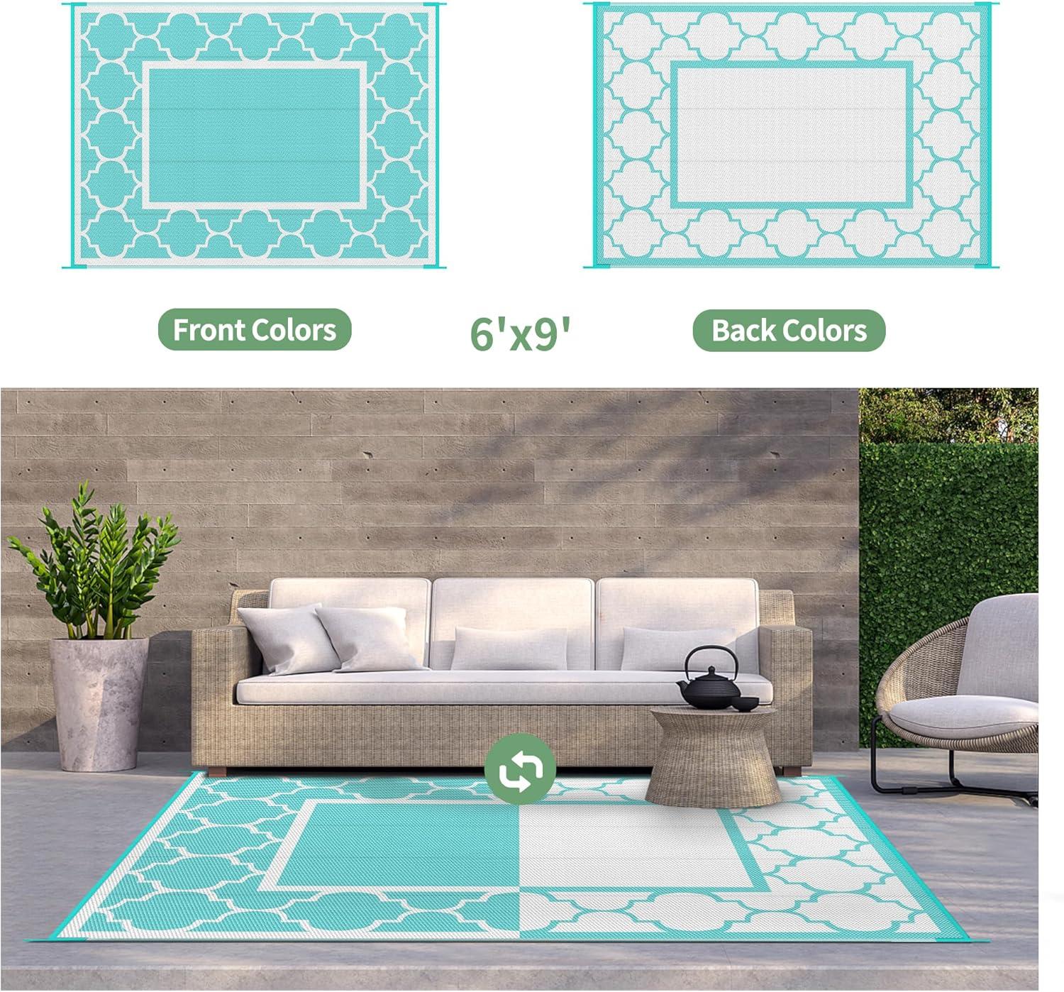 imageGENIMO 5 x 8 Outdoor Rug for Patio Waterproof Indoor Outdoor Plastic Straw Rugs Carpet Reversible Outside Area Mat for Camping Balcony Porch Deck Picnic Beach Navy Blue amp Jade GreenAqua Bluewhite