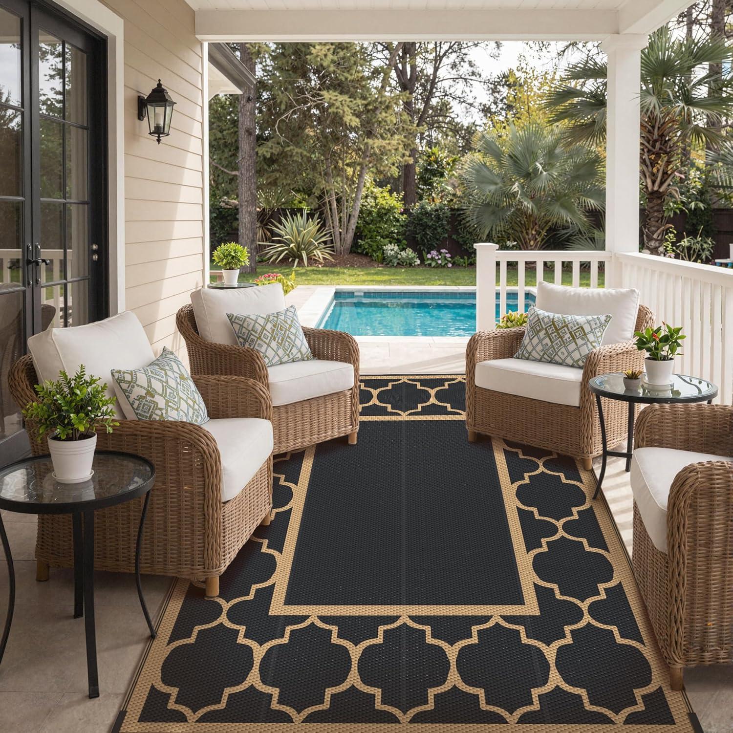 imageGENIMO 5 x 8 Outdoor Rug for Patio Waterproof Indoor Outdoor Plastic Straw Rugs Carpet Reversible Outside Area Mat for Camping Balcony Porch Deck Picnic Beach Navy Blue amp Jade GreenBlackbrown