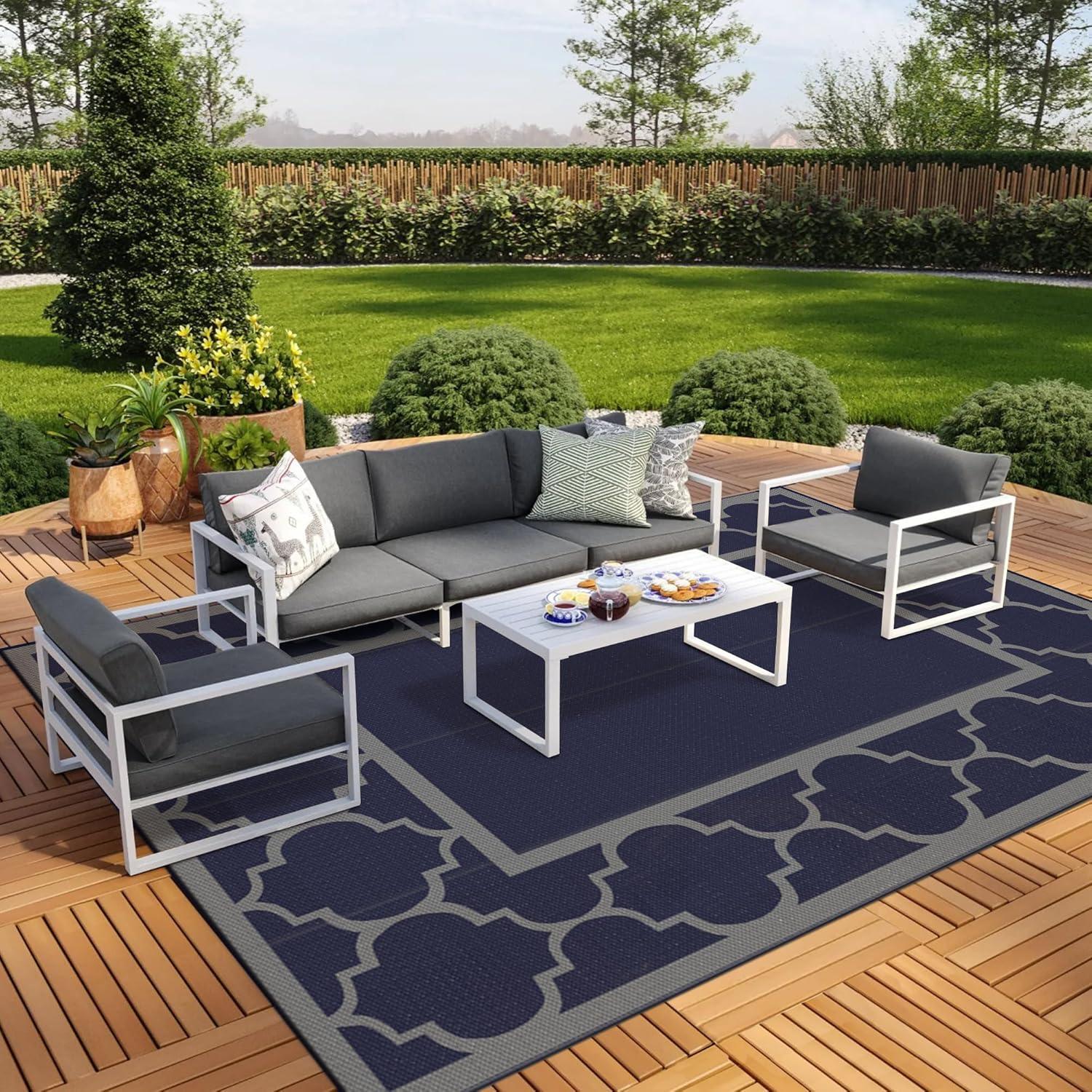 imageGENIMO 5 x 8 Outdoor Rug for Patio Waterproof Indoor Outdoor Plastic Straw Rugs Carpet Reversible Outside Area Mat for Camping Balcony Porch Deck Picnic Beach Navy Blue amp Jade GreenBlue Grey