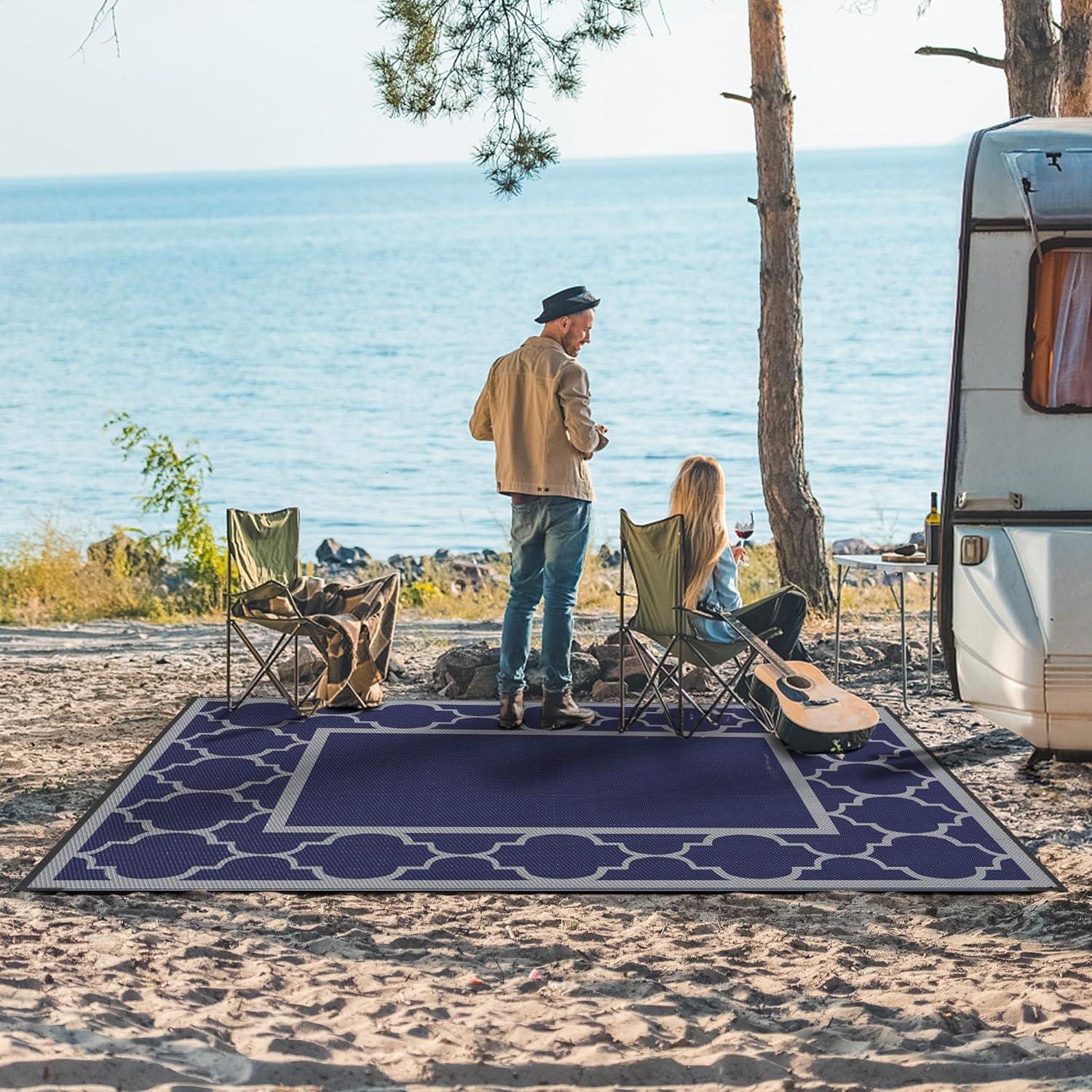 imageGENIMO 5 x 8 Outdoor Rug for Patio Waterproof Indoor Outdoor Plastic Straw Rugs Carpet Reversible Outside Area Mat for Camping Balcony Porch Deck Picnic Beach Navy Blue amp Jade GreenBlue Grey