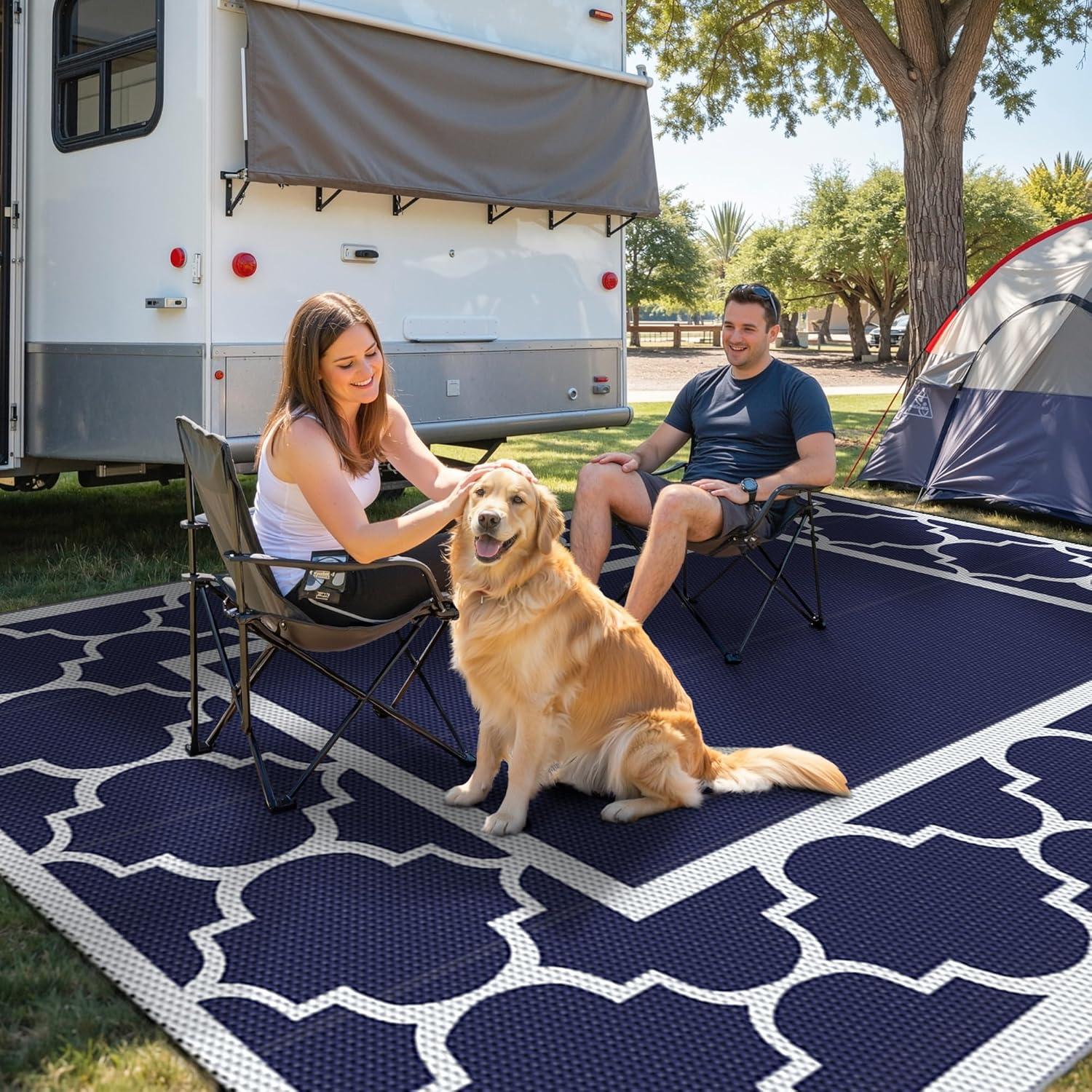 imageGENIMO 5 x 8 Outdoor Rug for Patio Waterproof Indoor Outdoor Plastic Straw Rugs Carpet Reversible Outside Area Mat for Camping Balcony Porch Deck Picnic Beach Navy Blue amp Jade GreenNavy Blue White