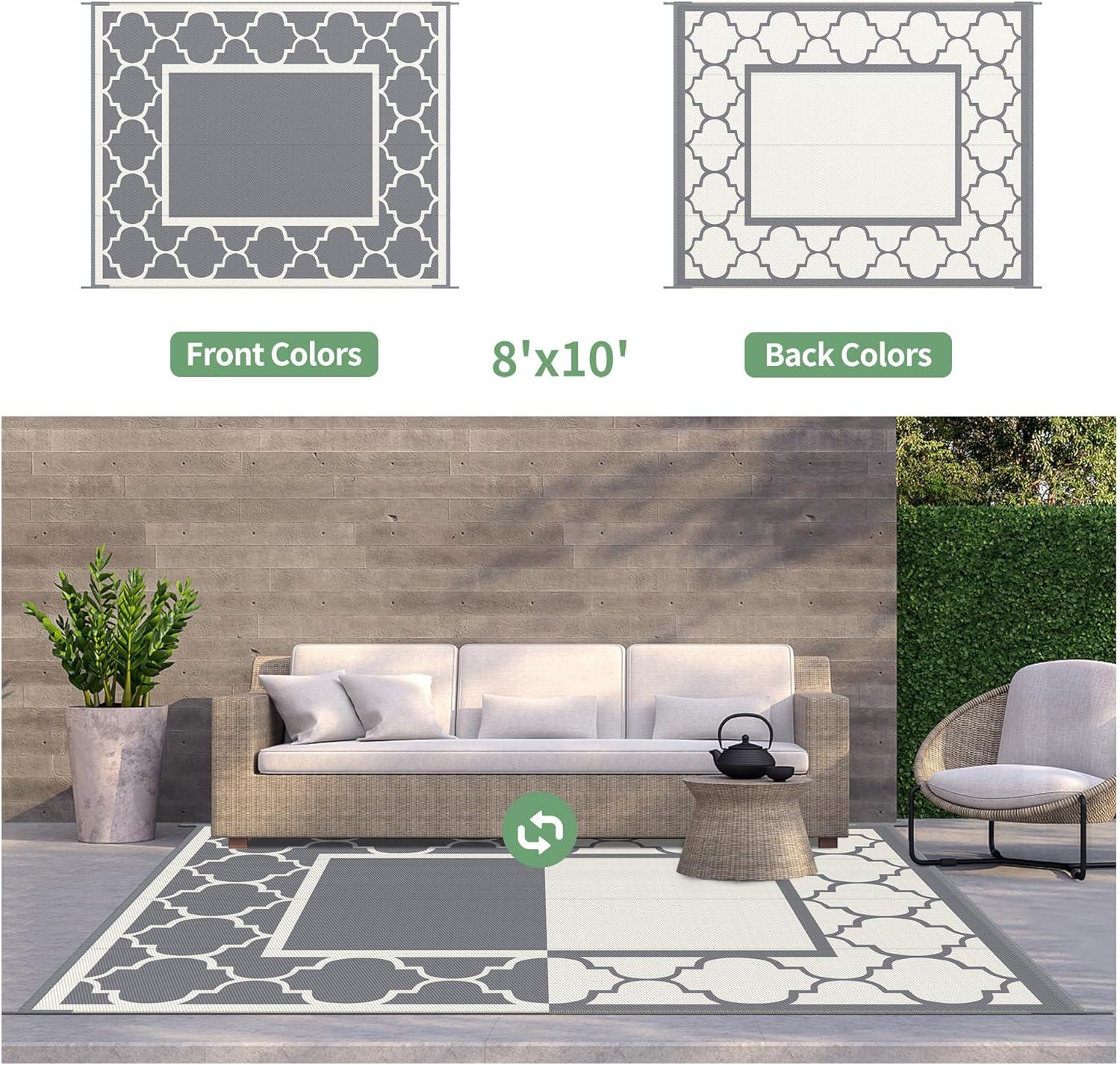 imageGENIMO 5 x 8 Outdoor Rug for Patio Waterproof Indoor Outdoor Plastic Straw Rugs Carpet Reversible Outside Area Mat for Camping Balcony Porch Deck Picnic Beach Navy Blue amp Jade GreenGreybeige White