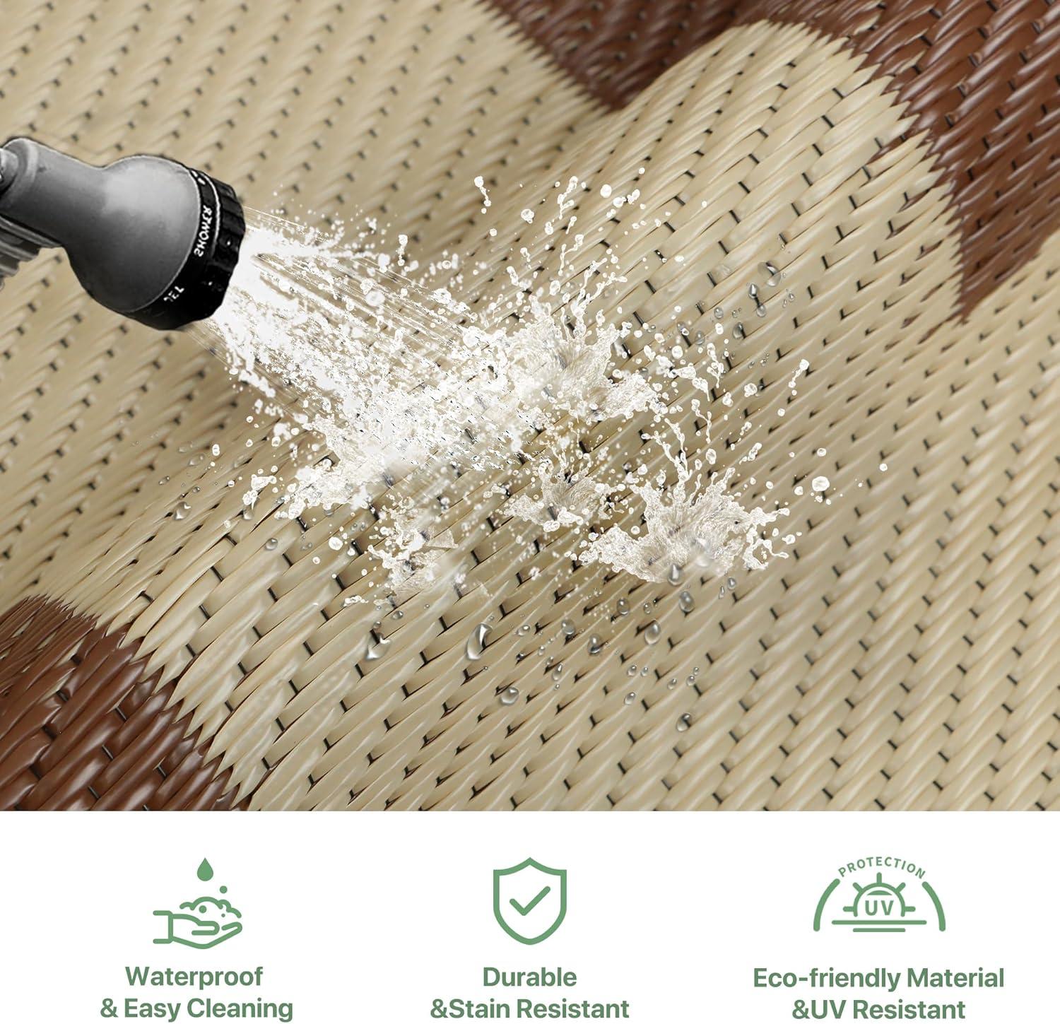 imageGENIMO 5 x 8 Outdoor Rug for Patio Waterproof Indoor Outdoor Plastic Straw Rugs Carpet Reversible Outside Area Mat for Camping Balcony Porch Deck Picnic Beach Navy Blue amp Jade GreenMcoffee Beige