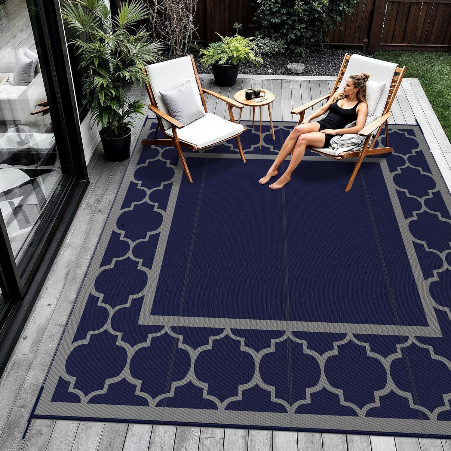 imageGENIMO 5 x 8 Outdoor Rug for Patio Waterproof Indoor Outdoor Plastic Straw Rugs Carpet Reversible Outside Area Mat for Camping Balcony Porch Deck Picnic Beach Navy Blue amp Jade GreenBlue Grey