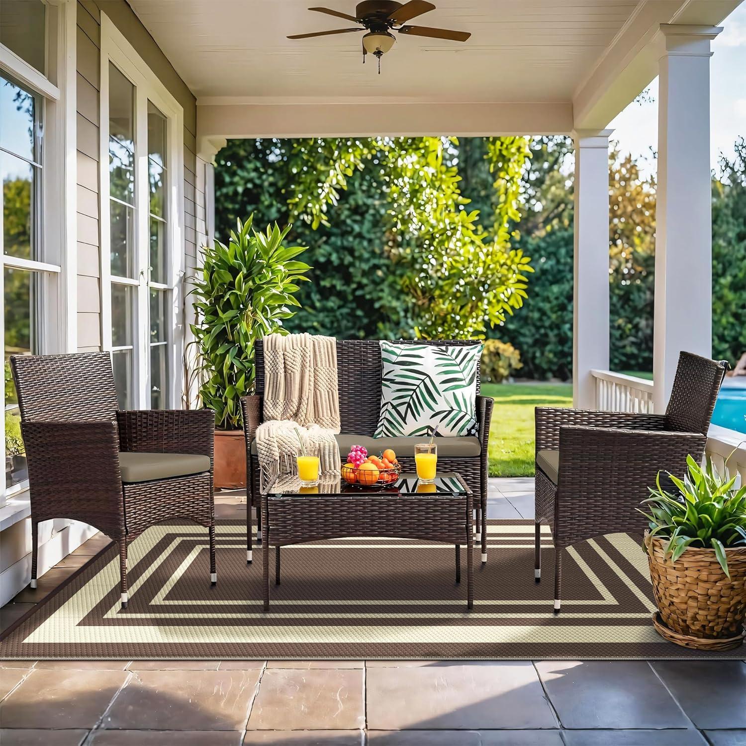 imageGENIMO 5 x 8 Outdoor Rug for Patio Waterproof Indoor Outdoor Plastic Straw Rugs Carpet Reversible Outside Area Mat for Camping Balcony Porch Deck Picnic Beach Navy Blue amp Jade GreenMcoffee Beige
