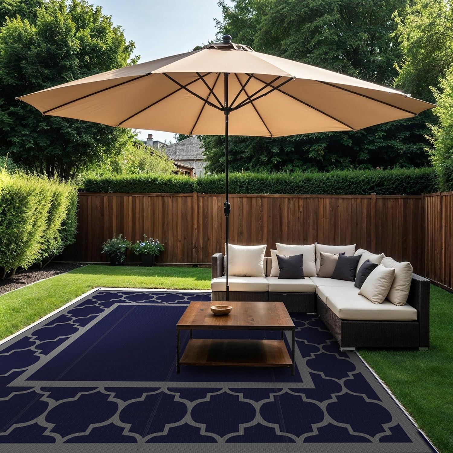 imageGENIMO 5 x 8 Outdoor Rug for Patio Waterproof Indoor Outdoor Plastic Straw Rugs Carpet Reversible Outside Area Mat for Camping Balcony Porch Deck Picnic Beach Navy Blue amp Jade GreenBlue Grey