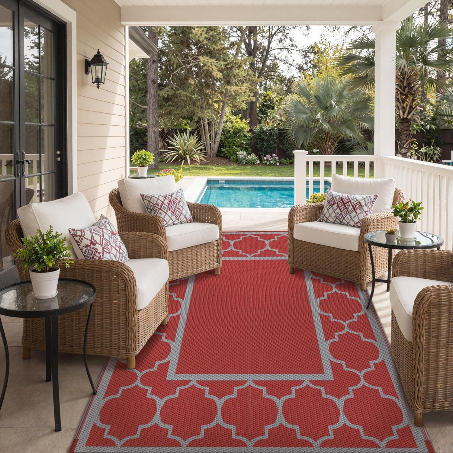 imageGENIMO 5 x 8 Outdoor Rug for Patio Waterproof Indoor Outdoor Plastic Straw Rugs Carpet Reversible Outside Area Mat for Camping Balcony Porch Deck Picnic Beach Navy Blue amp Jade GreenRed Grey