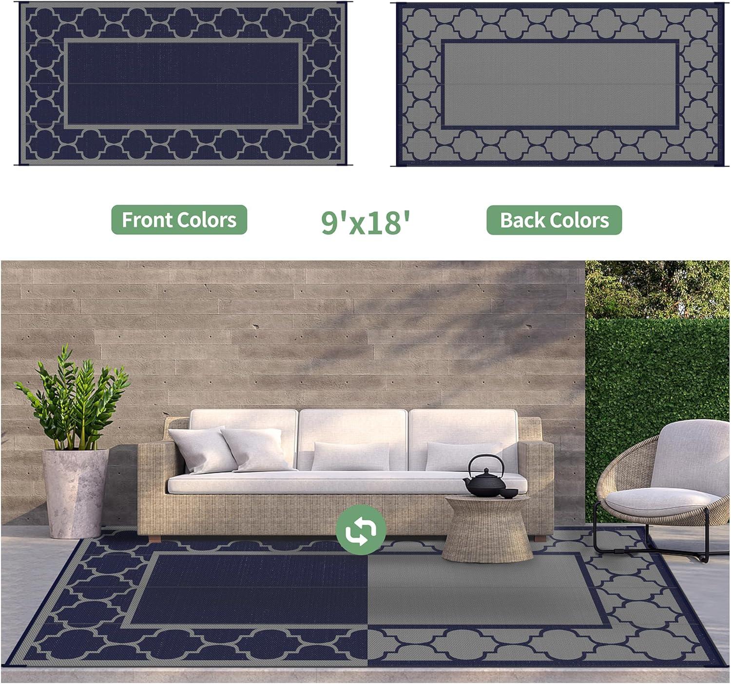 imageGENIMO 5 x 8 Outdoor Rug for Patio Waterproof Indoor Outdoor Plastic Straw Rugs Carpet Reversible Outside Area Mat for Camping Balcony Porch Deck Picnic Beach Navy Blue amp Jade GreenBlue Grey