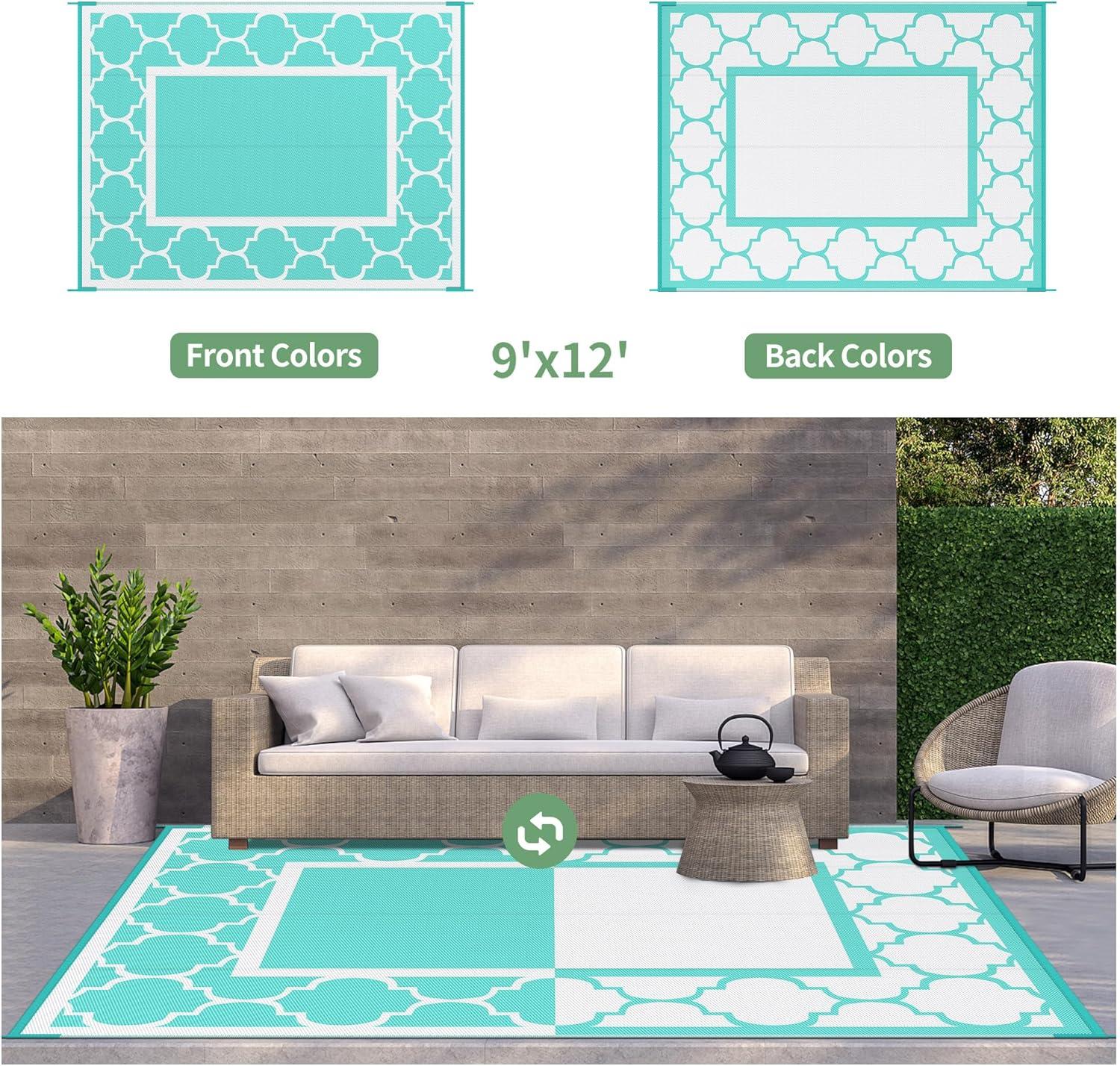 imageGENIMO 5 x 8 Outdoor Rug for Patio Waterproof Indoor Outdoor Plastic Straw Rugs Carpet Reversible Outside Area Mat for Camping Balcony Porch Deck Picnic Beach Navy Blue amp Jade GreenAqua Bluewhite