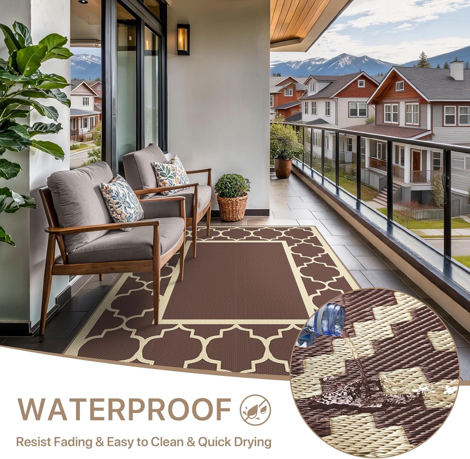 imageGENIMO 5 x 8 Outdoor Rug for Patio Waterproof Indoor Outdoor Plastic Straw Rugs Carpet Reversible Outside Area Mat for Camping Balcony Porch Deck Picnic Beach Navy Blue amp Jade GreenCoffeebeige