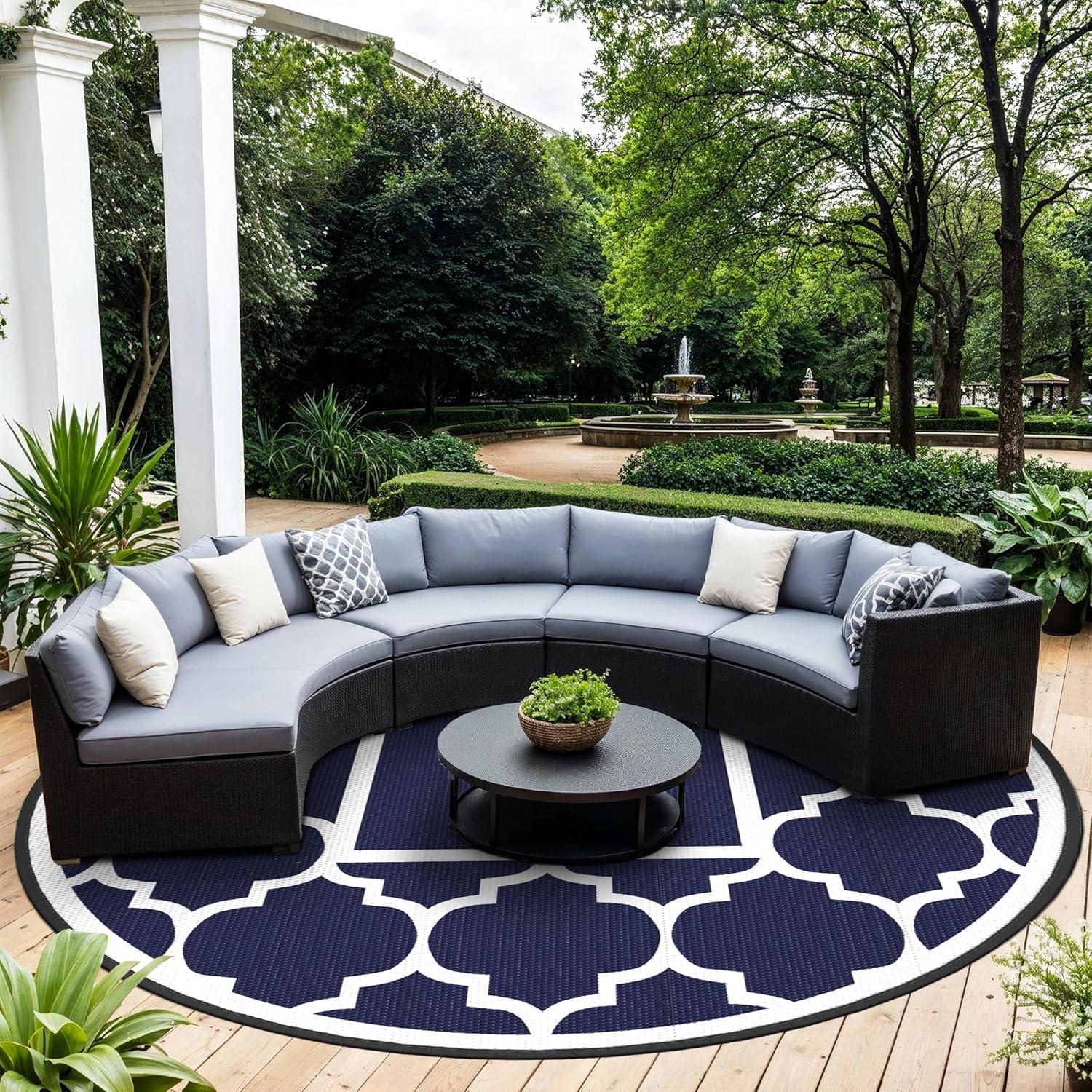 imageGENIMO 5 x 8 Outdoor Rug for Patio Waterproof Indoor Outdoor Plastic Straw Rugs Carpet Reversible Outside Area Mat for Camping Balcony Porch Deck Picnic Beach Navy Blue amp Jade GreenNavy Blue White
