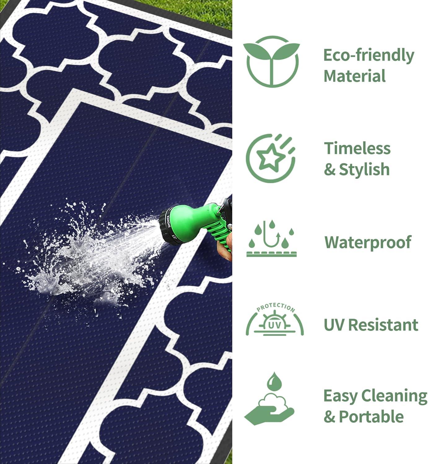 imageGENIMO 5 x 8 Outdoor Rug for Patio Waterproof Indoor Outdoor Plastic Straw Rugs Carpet Reversible Outside Area Mat for Camping Balcony Porch Deck Picnic Beach Navy Blue amp Jade GreenNavy Blue White