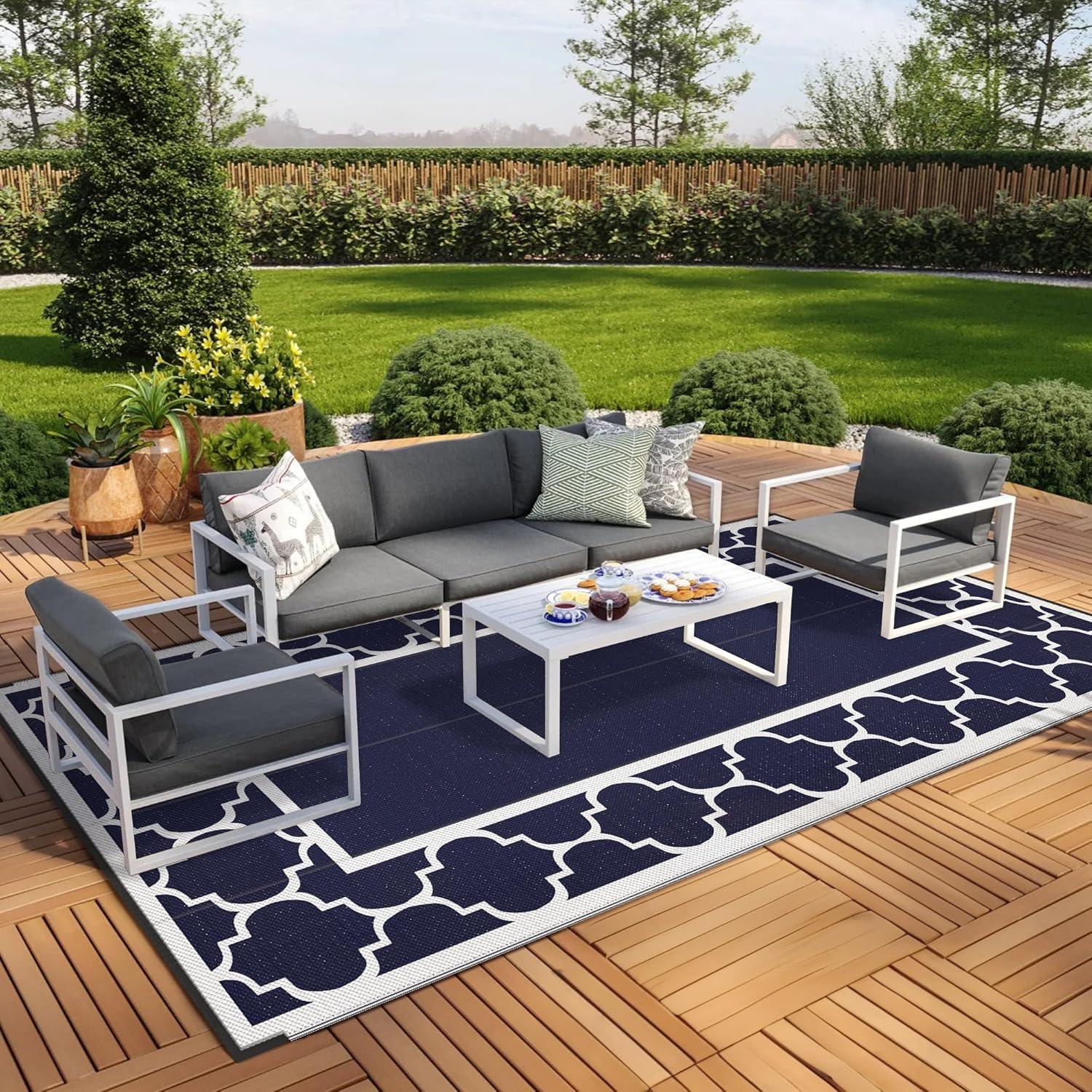 imageGENIMO 5 x 8 Outdoor Rug for Patio Waterproof Indoor Outdoor Plastic Straw Rugs Carpet Reversible Outside Area Mat for Camping Balcony Porch Deck Picnic Beach Navy Blue amp Jade GreenNavy Blue White