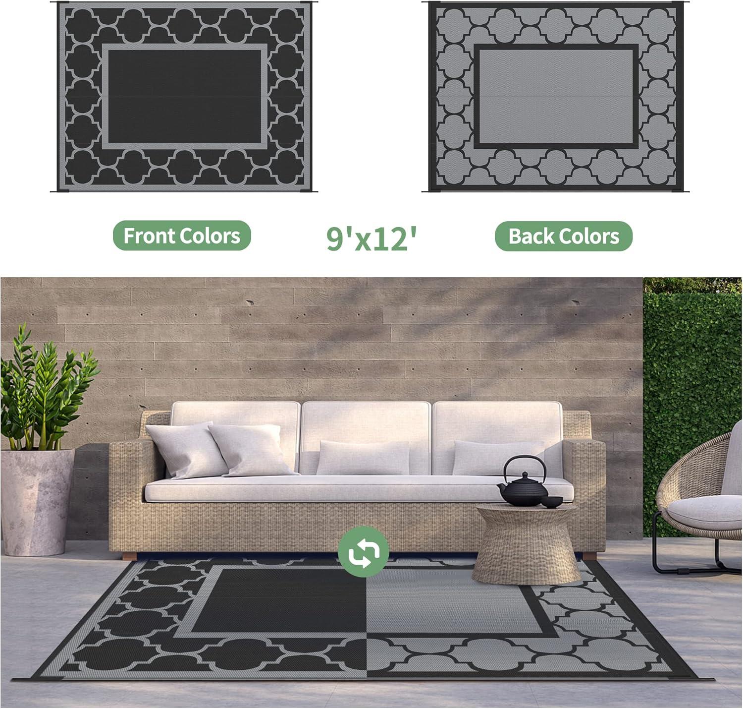 imageGENIMO 5 x 8 Outdoor Rug for Patio Waterproof Indoor Outdoor Plastic Straw Rugs Carpet Reversible Outside Area Mat for Camping Balcony Porch Deck Picnic Beach Navy Blue amp Jade GreenLanternBlackgray