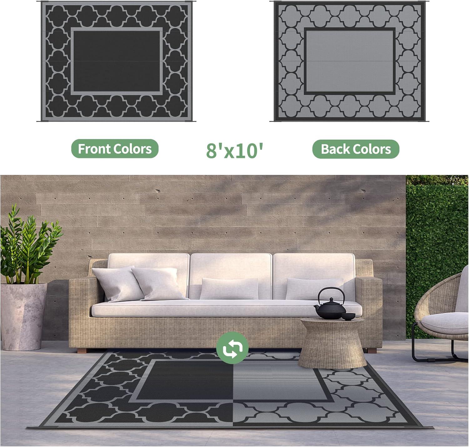 imageGENIMO 5 x 8 Outdoor Rug for Patio Waterproof Indoor Outdoor Plastic Straw Rugs Carpet Reversible Outside Area Mat for Camping Balcony Porch Deck Picnic Beach Navy Blue amp Jade GreenLanternBlackgray
