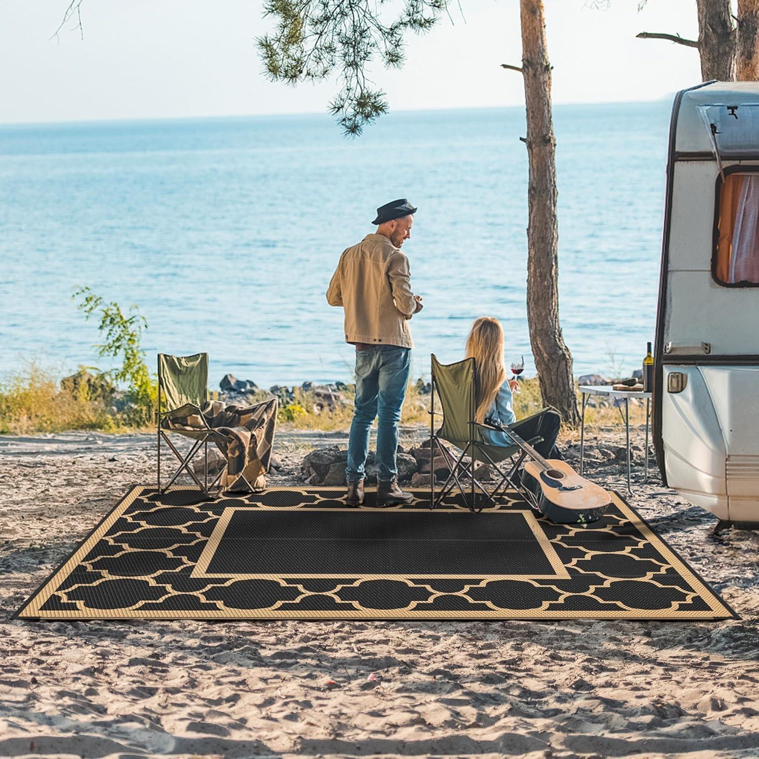 imageGENIMO 5 x 8 Outdoor Rug for Patio Waterproof Indoor Outdoor Plastic Straw Rugs Carpet Reversible Outside Area Mat for Camping Balcony Porch Deck Picnic Beach Navy Blue amp Jade GreenBlackbrown
