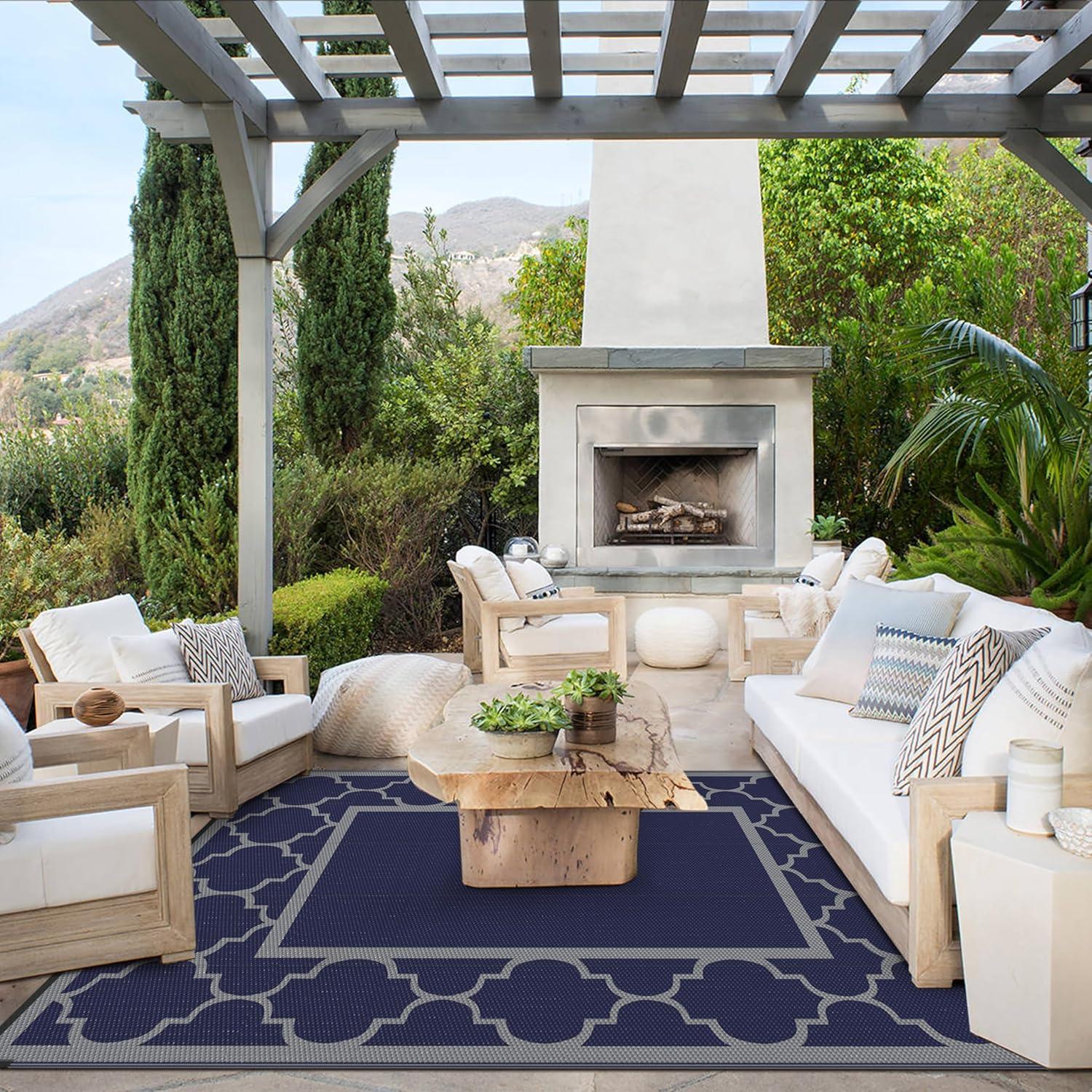 imageGENIMO 5 x 8 Outdoor Rug for Patio Waterproof Indoor Outdoor Plastic Straw Rugs Carpet Reversible Outside Area Mat for Camping Balcony Porch Deck Picnic Beach Navy Blue amp Jade GreenBlue Grey